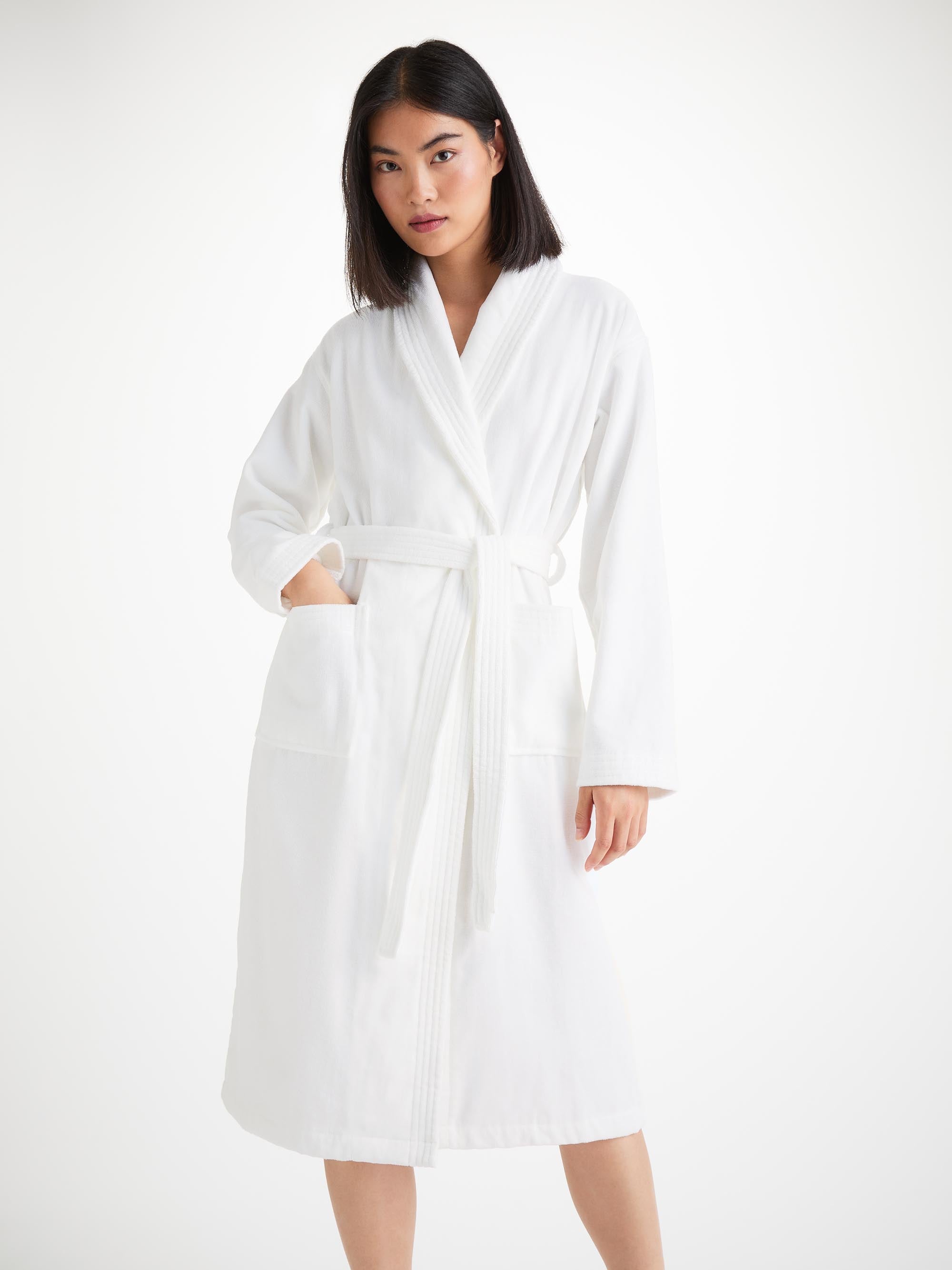 Women s Luxury Velour Towelling Bathrobe White Derek Rose