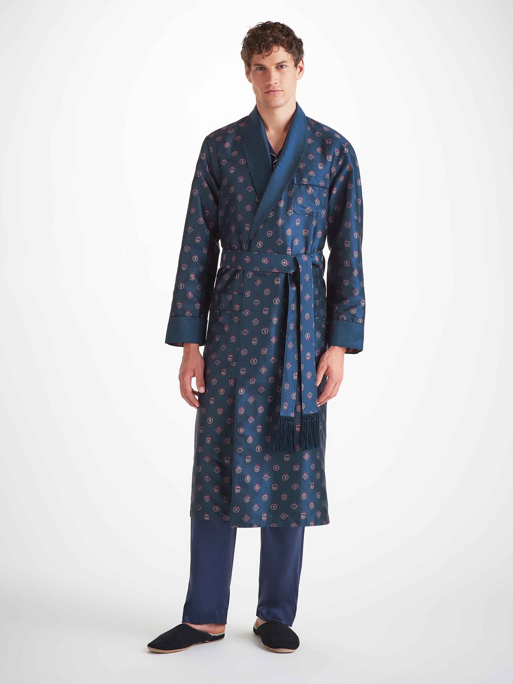 Derek Rose Men s Dressing Gown Silk Jacquard Navy Badge Pattern