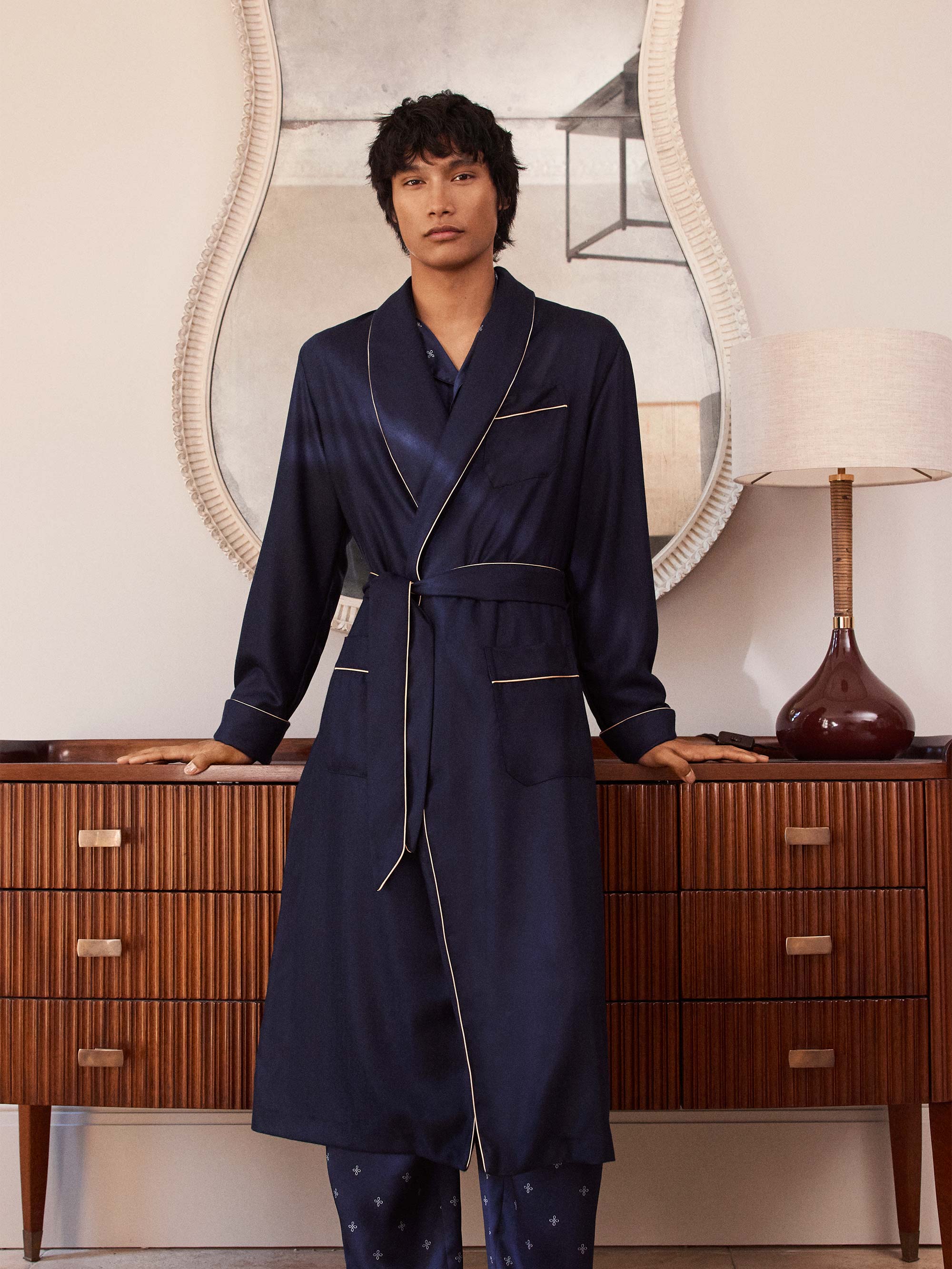 Men s Luxury 100 Cashmere Dressing Gown Navy Derek Rose