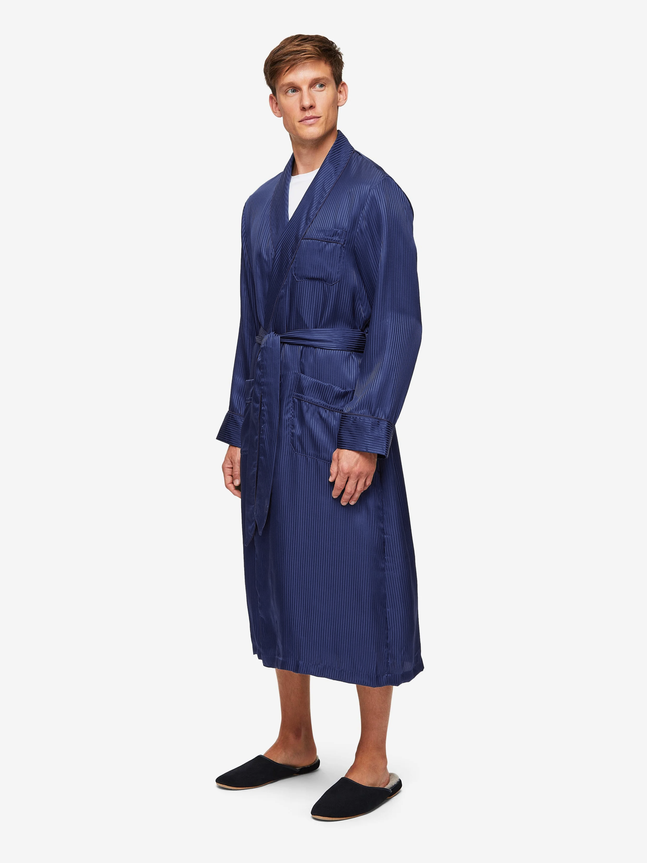 Navy blue silk dressing gown hotsell