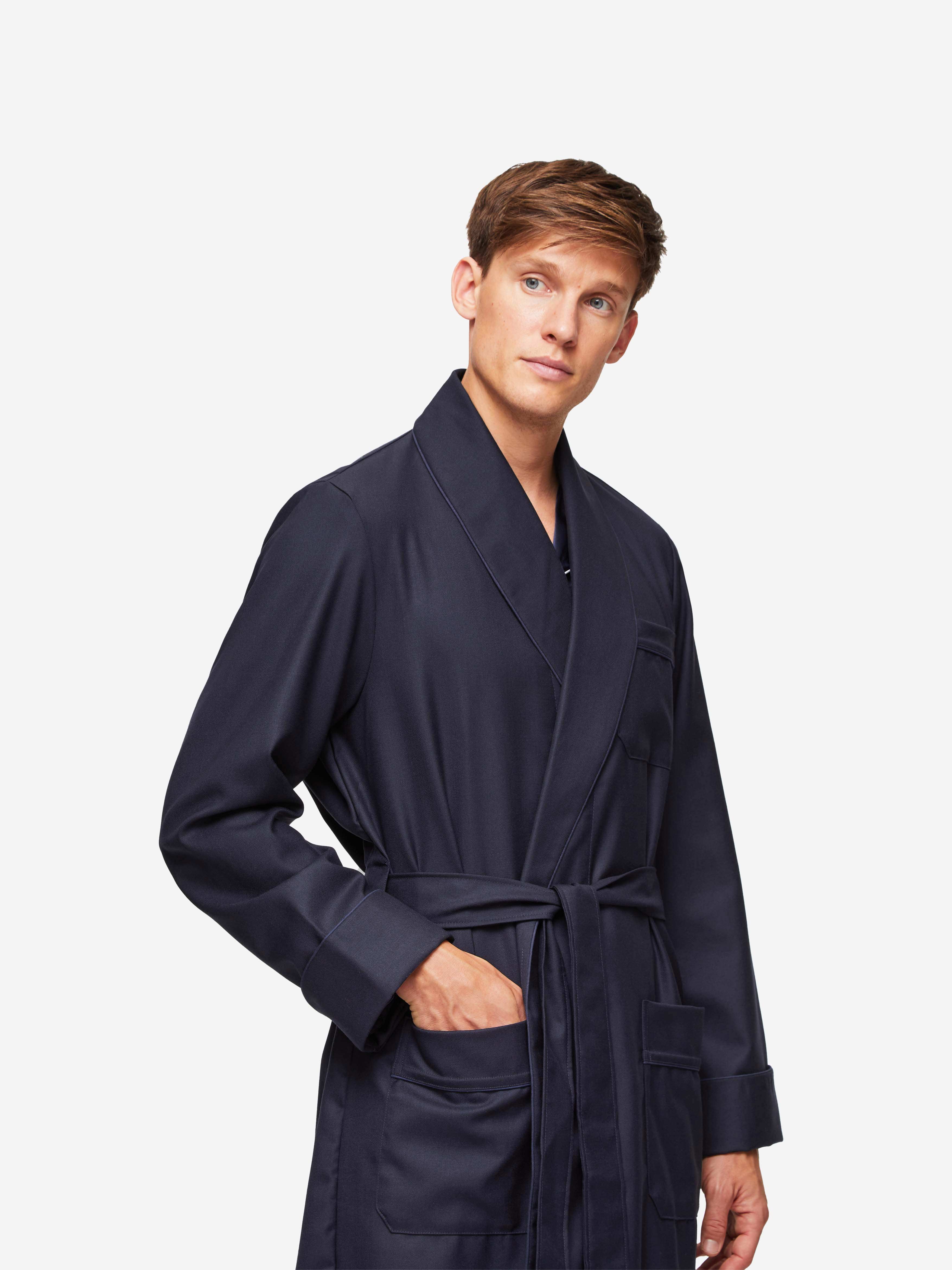 Mens Pure Wool Dressing Gown Navy