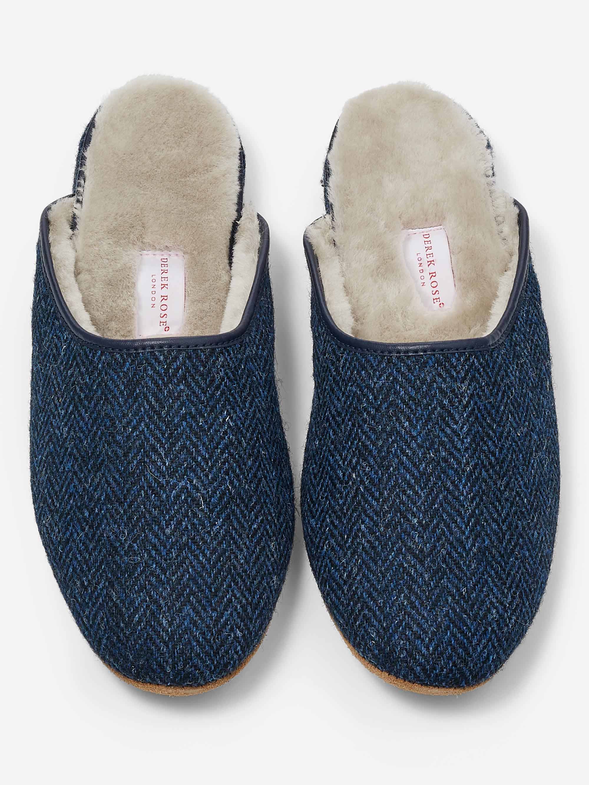 Men's Mule Slippers Douglas 2 Harris Tweed Sheepskin Navy