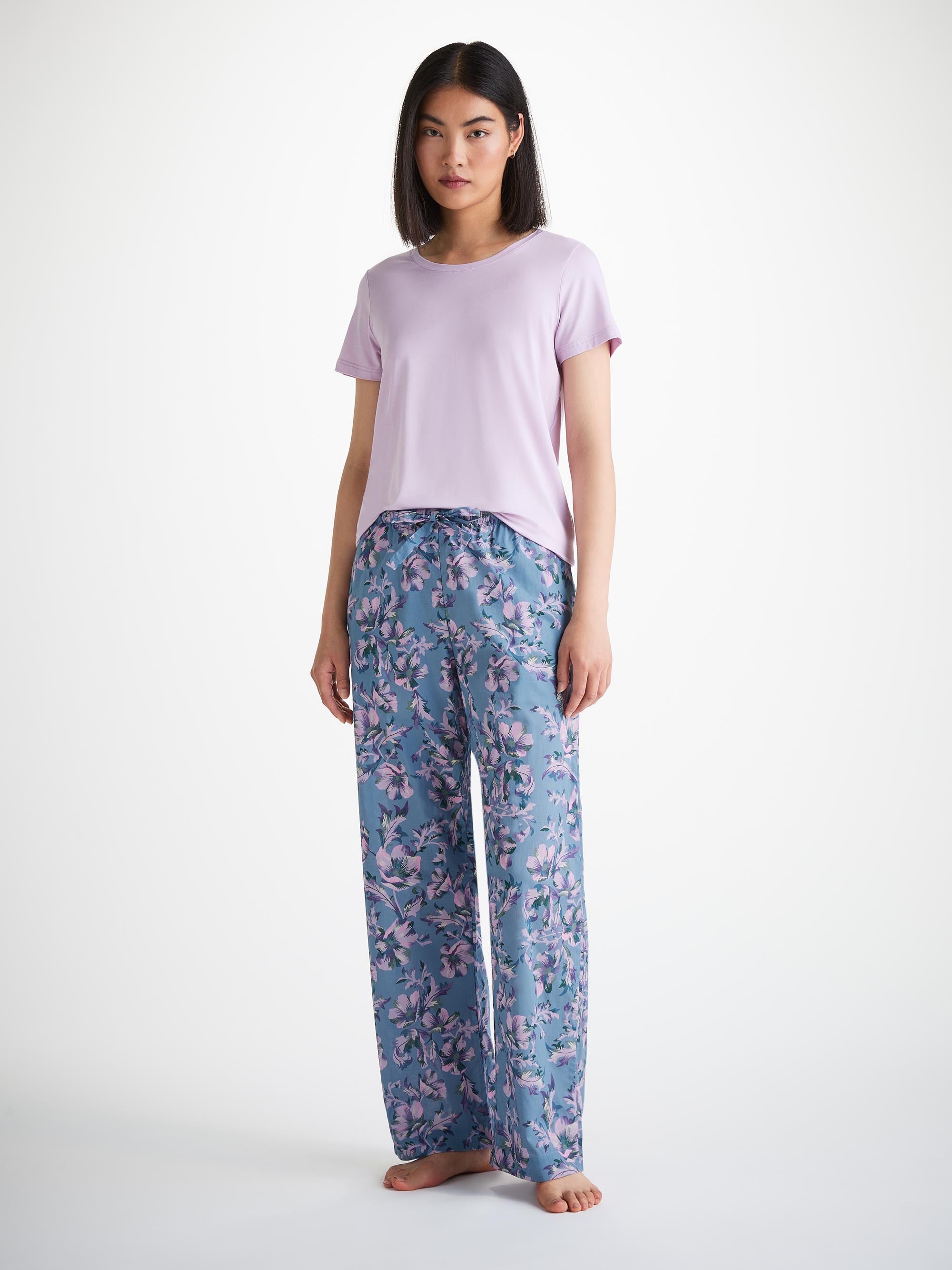 Women's Lounge Pants Cotton Batiste Blue Wildflower Print