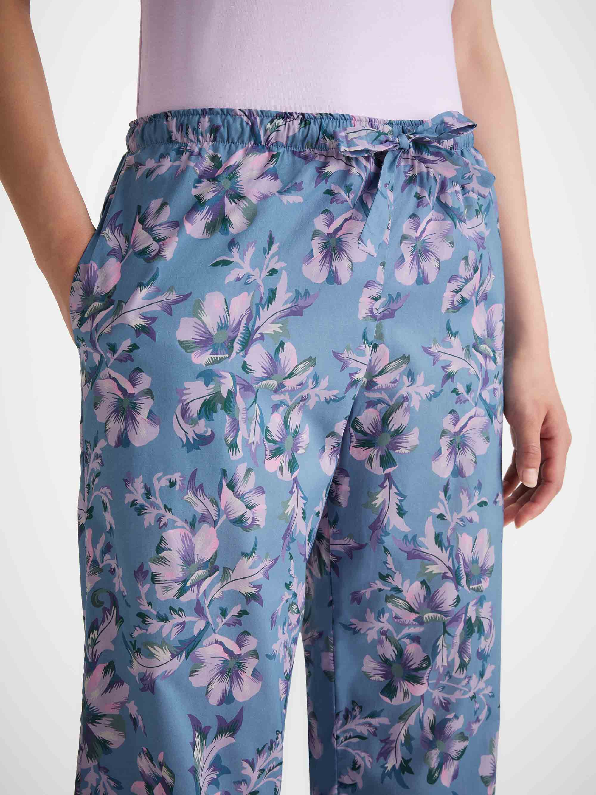 Women's Lounge Trousers Cotton Batiste Blue Wildflower Print