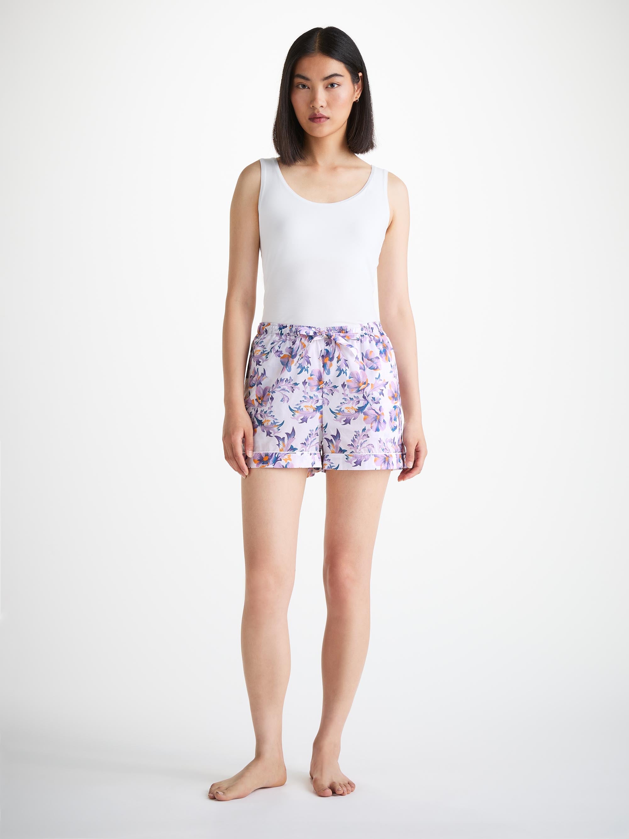 Women's Lounge Shorts Cotton Batiste White Wildflowers Print