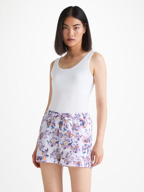 Women's Lounge Shorts Cotton Batiste White Wildflowers Print