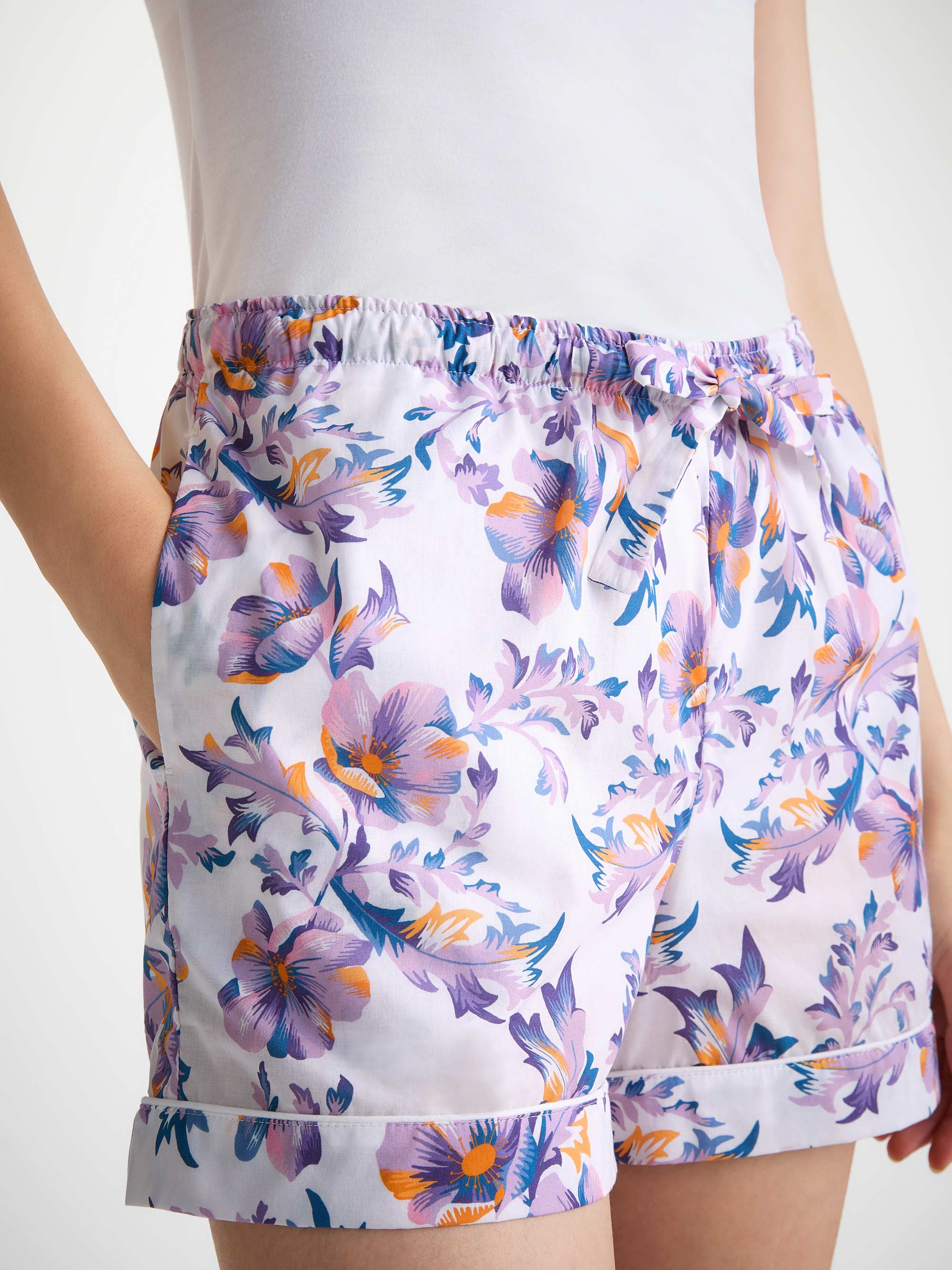 Women's Lounge Shorts Cotton Batiste White Wildflowers Print