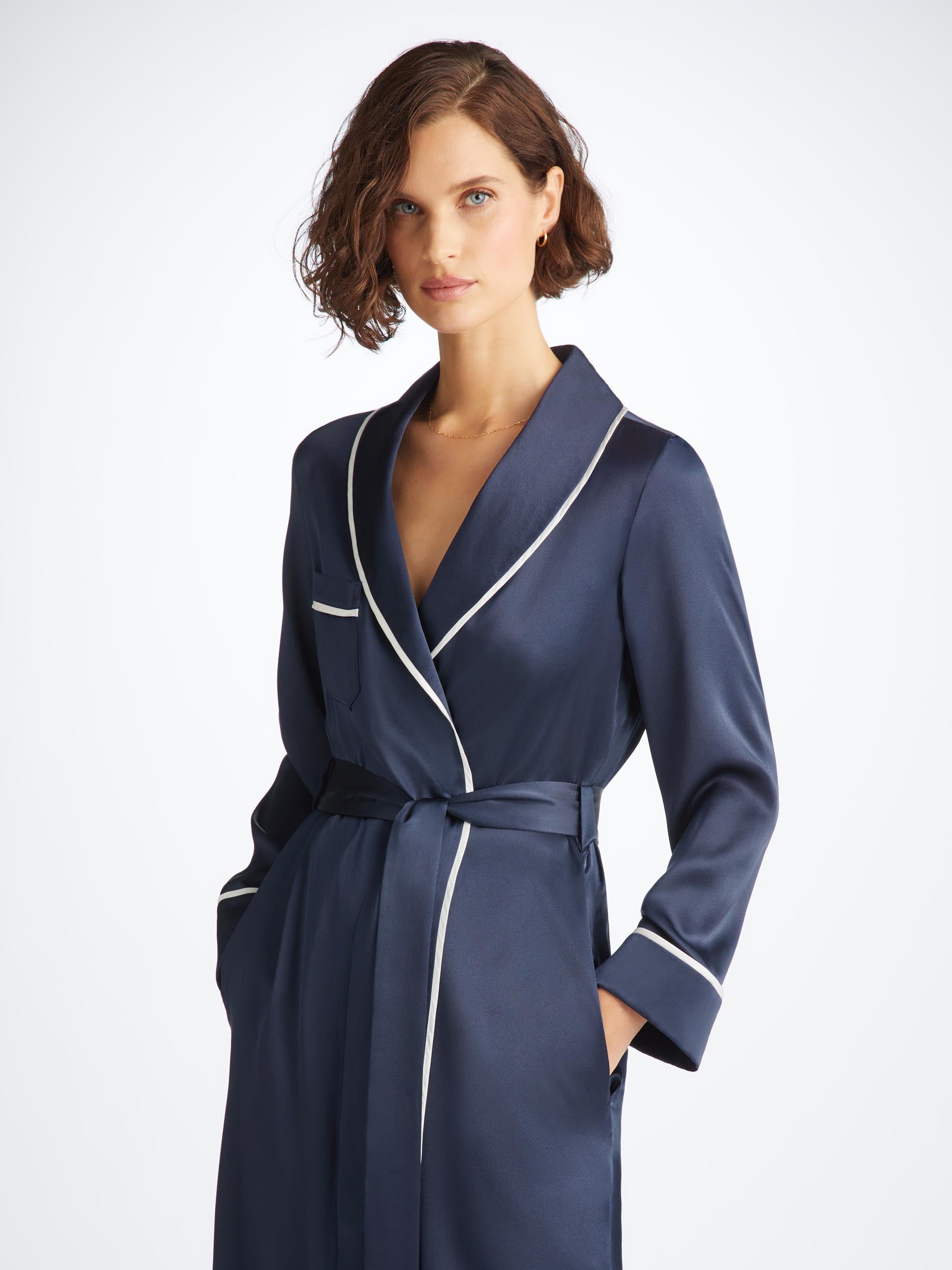 Women's Long Robe Bailey Silk Satin Navy