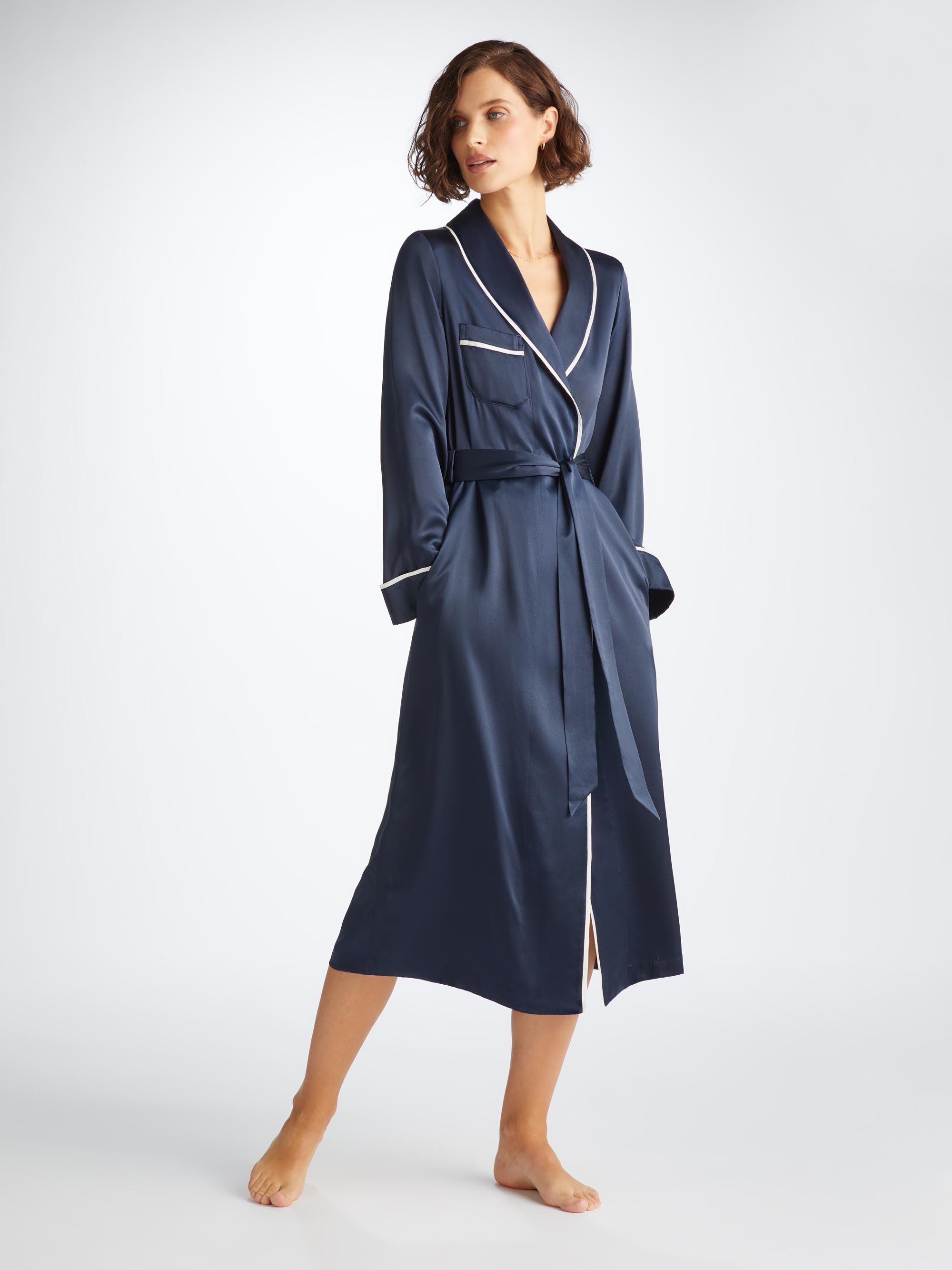 Women's Long Robe Bailey Silk Satin Navy