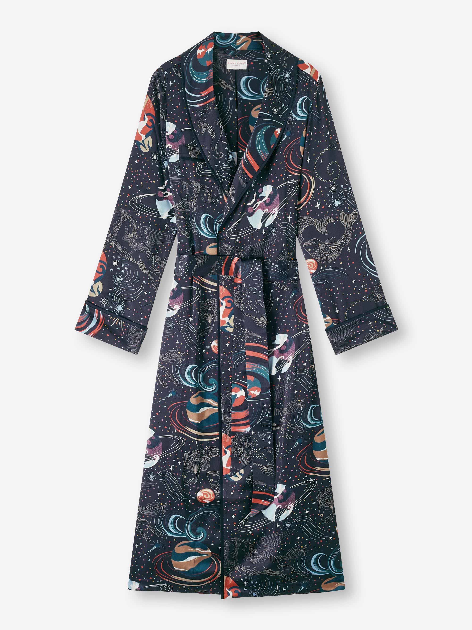 Women's Long Robe Brindisi 105 Silk Satin Navy