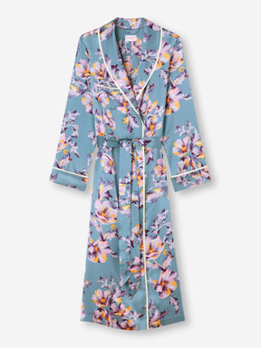 Women's Long Dressing Gown Silk Satin Blue Wildflower Pattern 