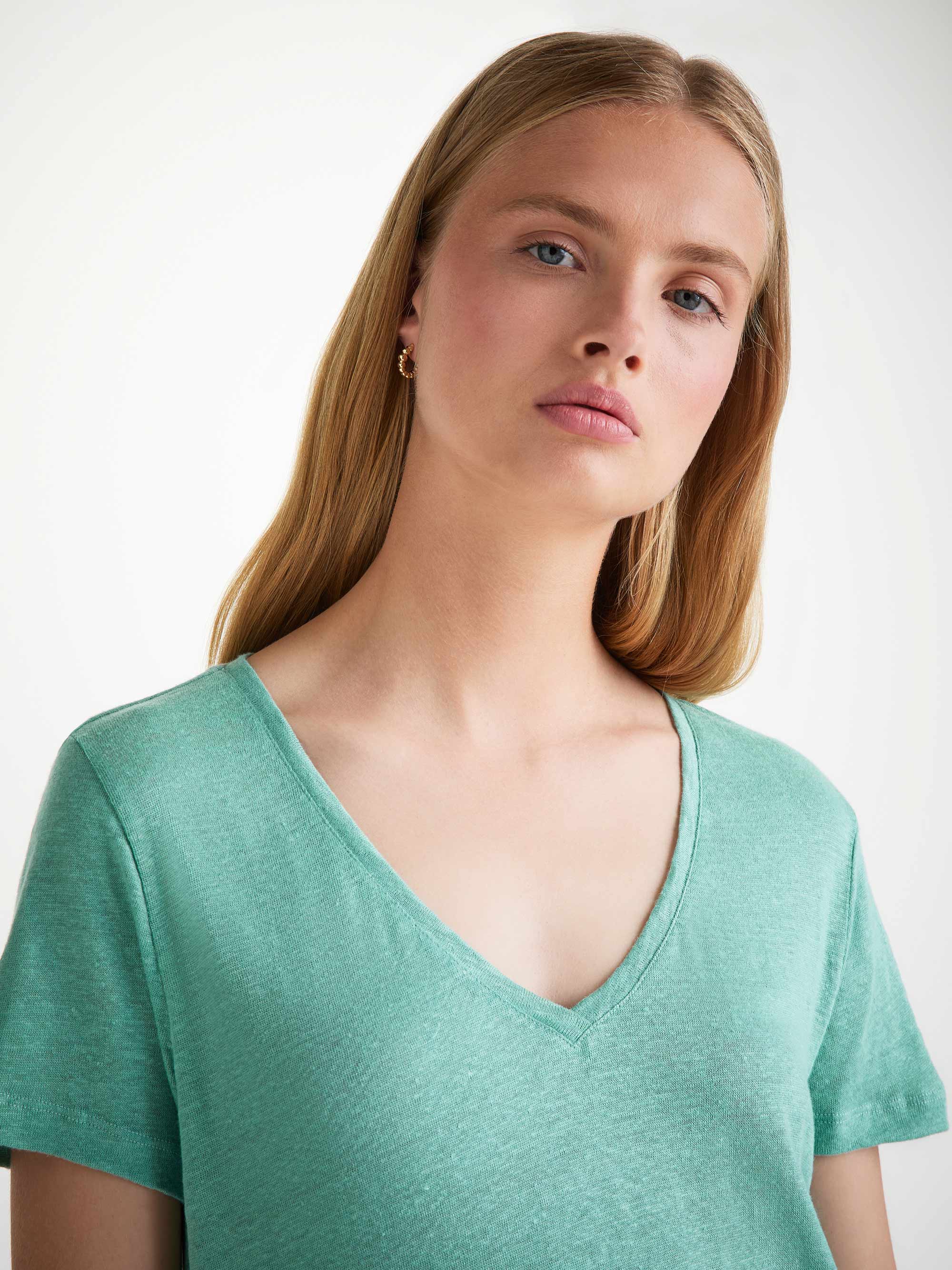 Women's V-Neck T-Shirt Jordan Linen Soft Aqua