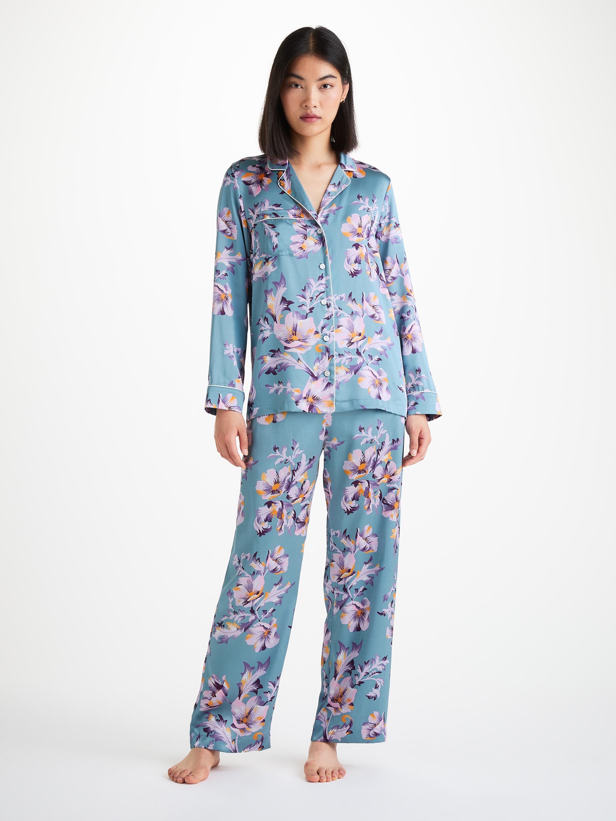 Women's Pyjamas Silk Satin Blue Wildflower Pattern 