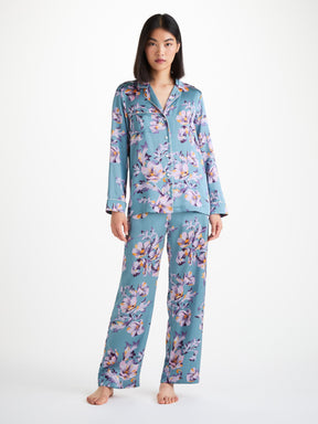 Women's Pyjamas Silk Satin Blue Wildflower Pattern 