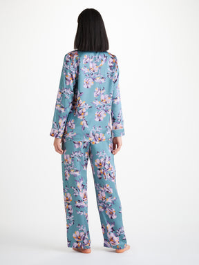 Women's Pajamas Silk Satin Blue Wildflower Pattern 