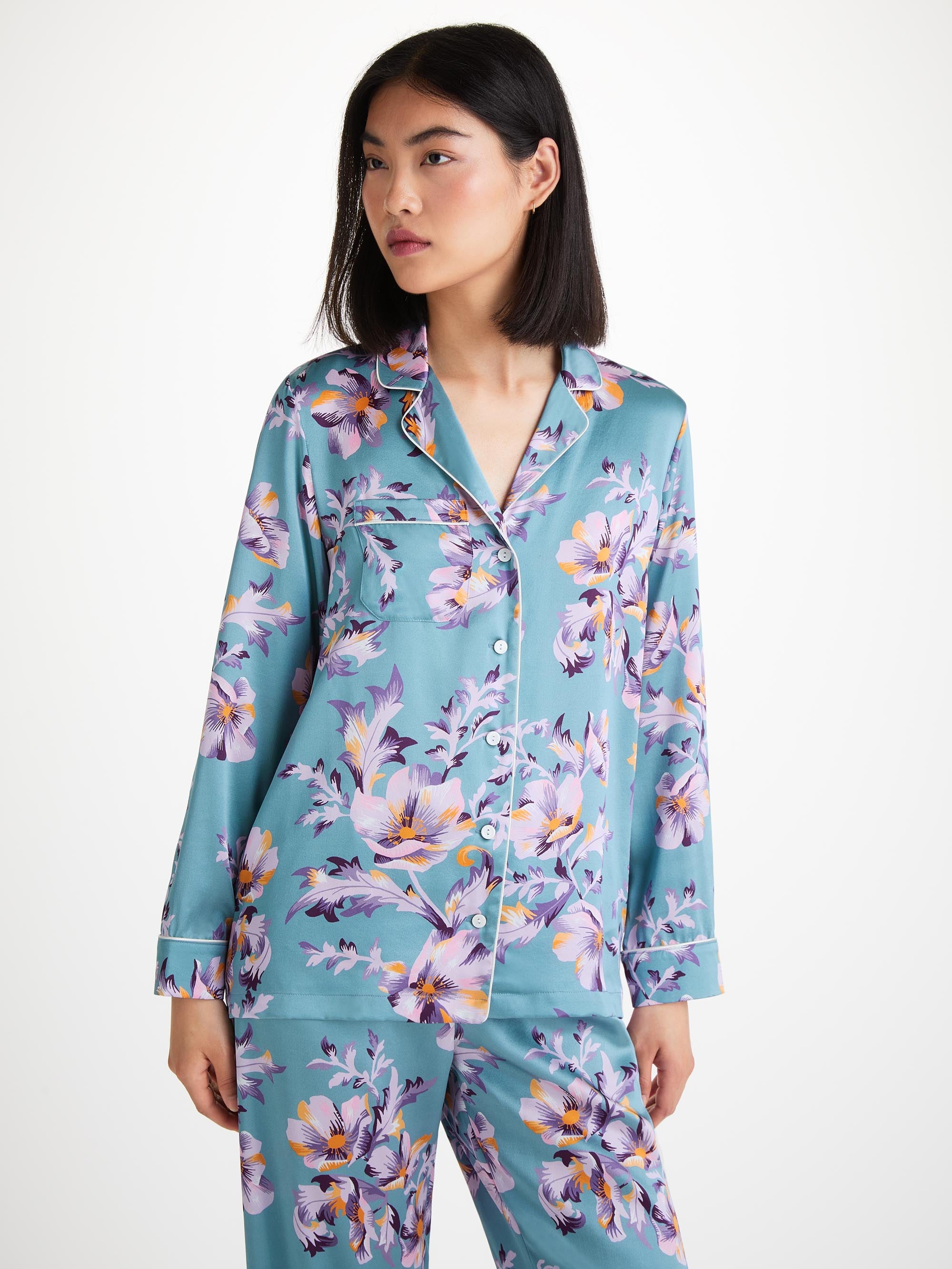 Women's Pyjamas Silk Satin Blue Wildflower Pattern 