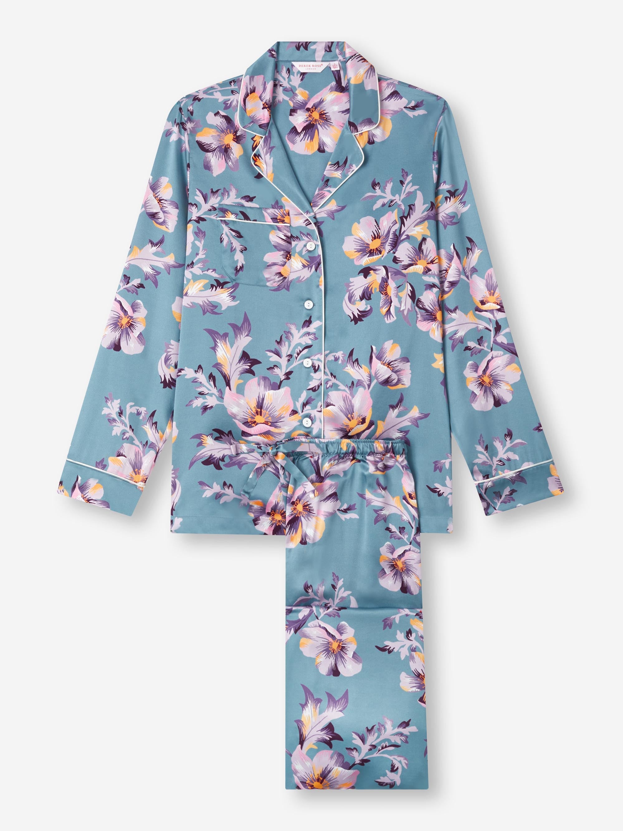 Women's Pyjamas Silk Satin Blue Wildflower Pattern 