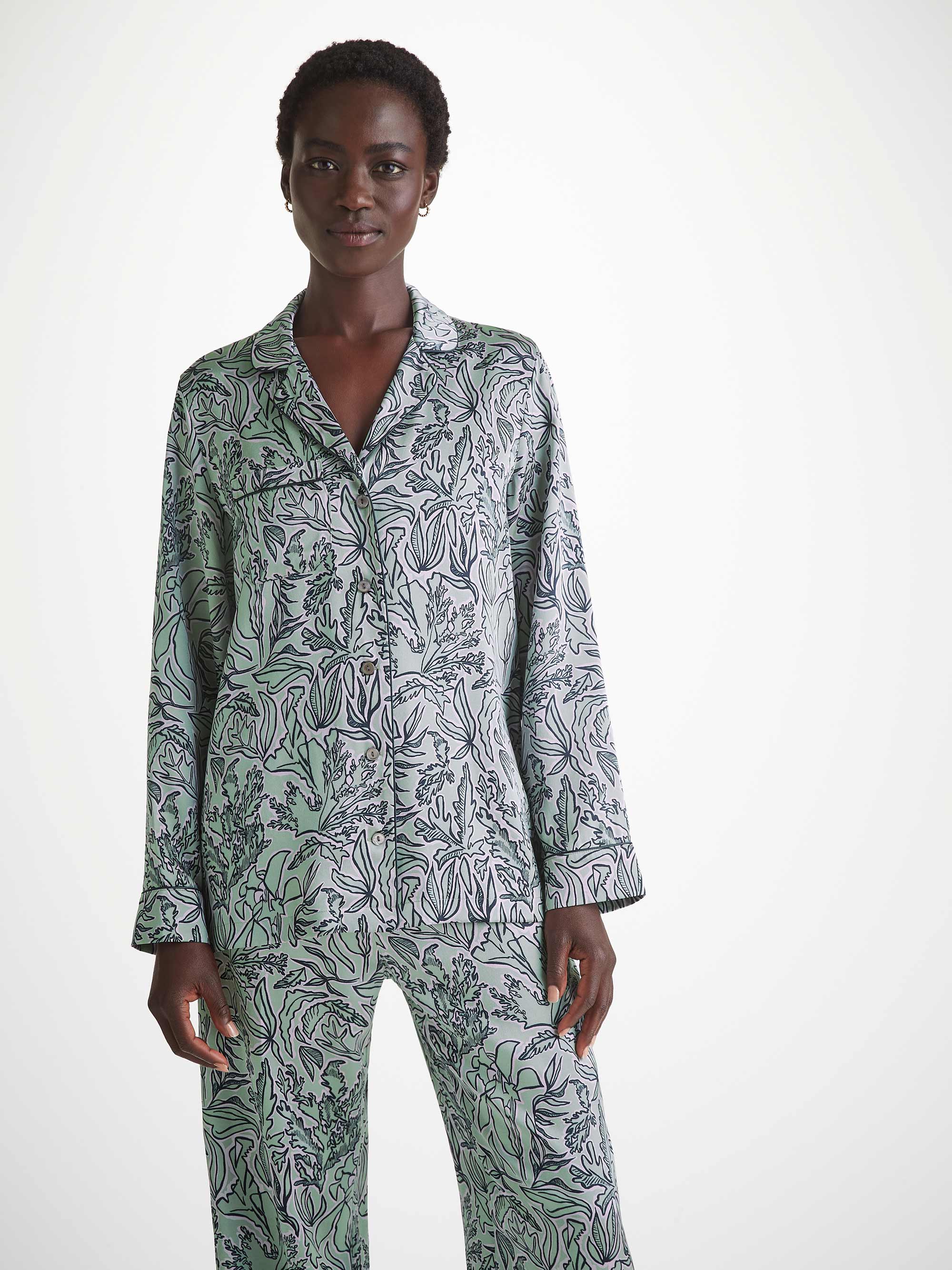 Women's Pyjamas Silk Satin Green Sea Kelp Pattern 