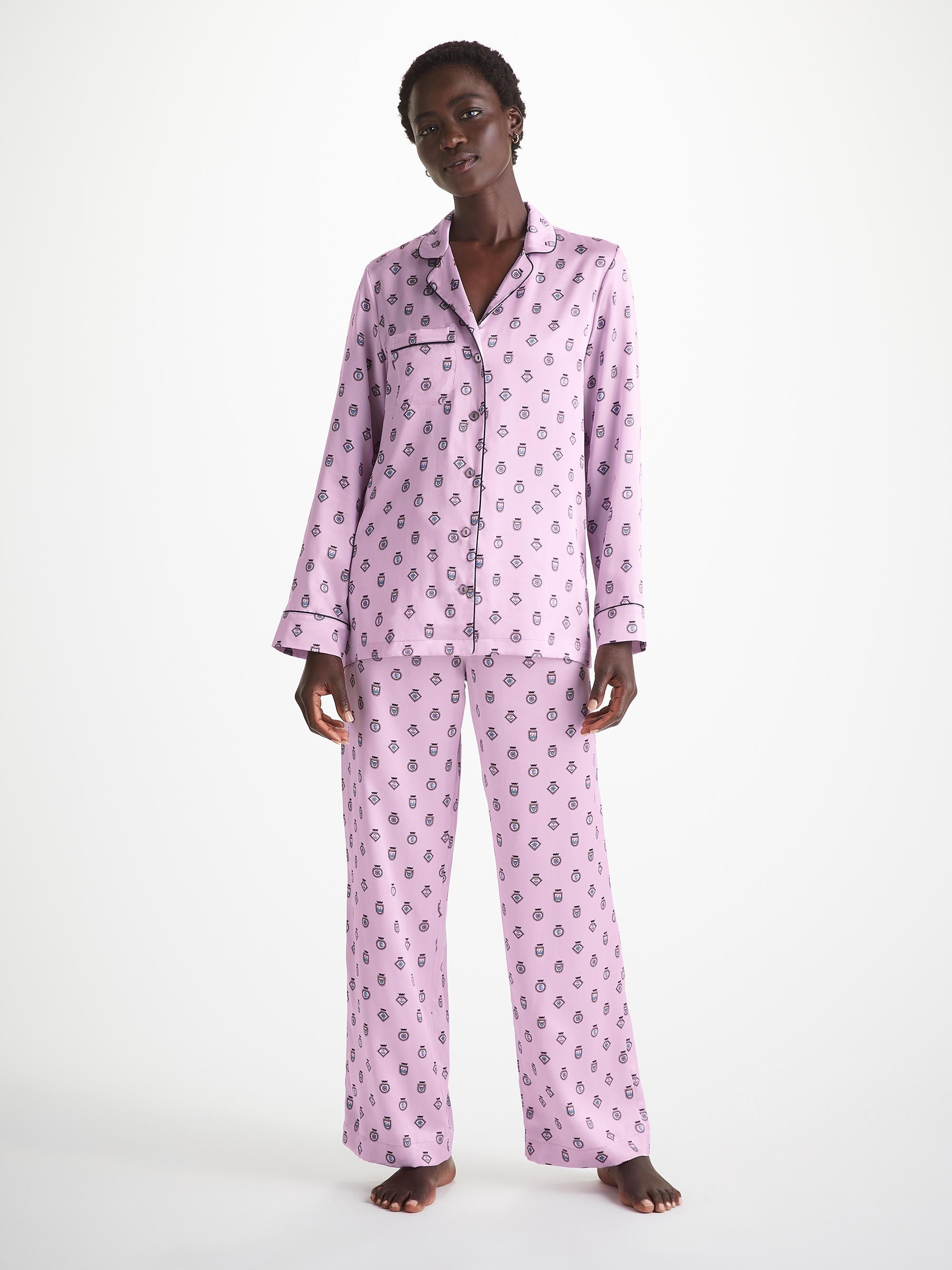 Derek Rose Women s Pyjamas Silk Satin Lilac Badge Pattern