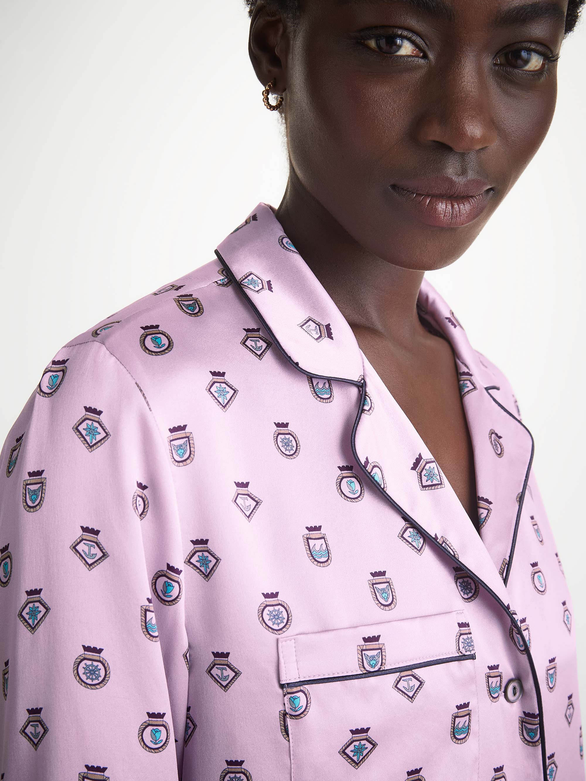 Women's Pyjamas Silk Satin Lilac Badge Pattern 