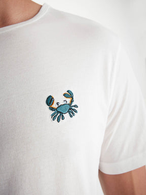 Men's T-Shirt Pima Cotton White Embroidered Rory Crab