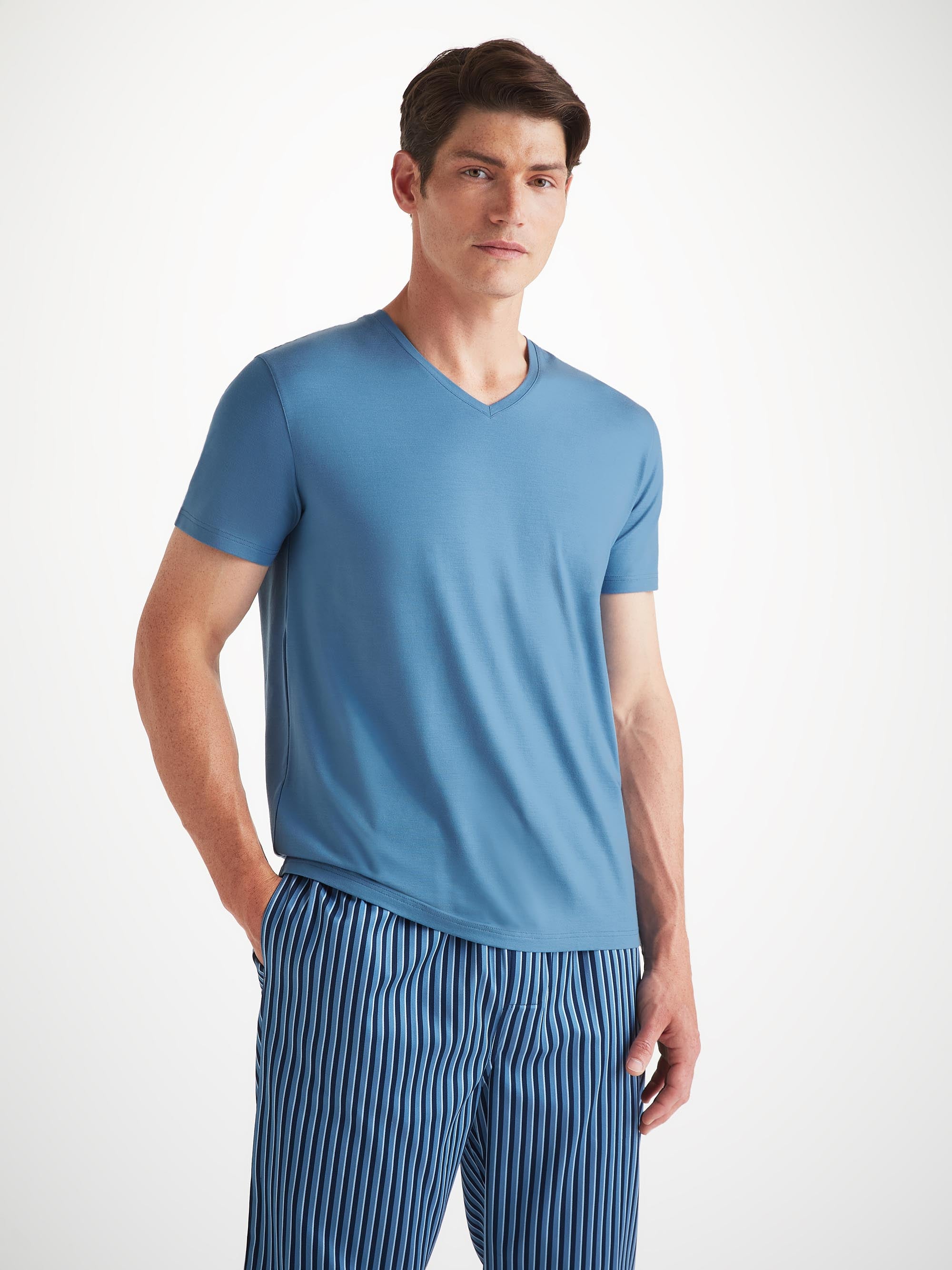 Men's V-Neck T-Shirt Basel Micro Modal Stretch Steel Blue