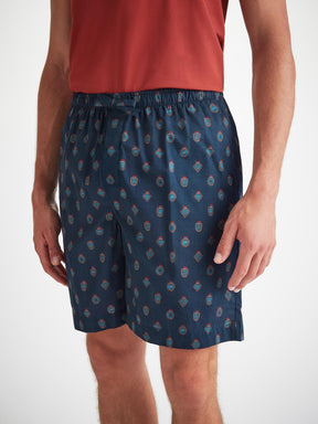 Men's Lounge Shorts Cotton Batiste Navy Badge Print