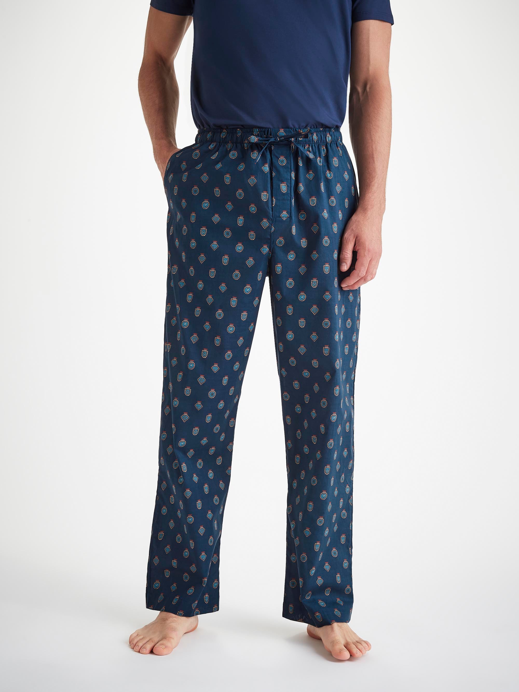 Men's Lounge Trousers Cotton Batiste Navy Badge Print