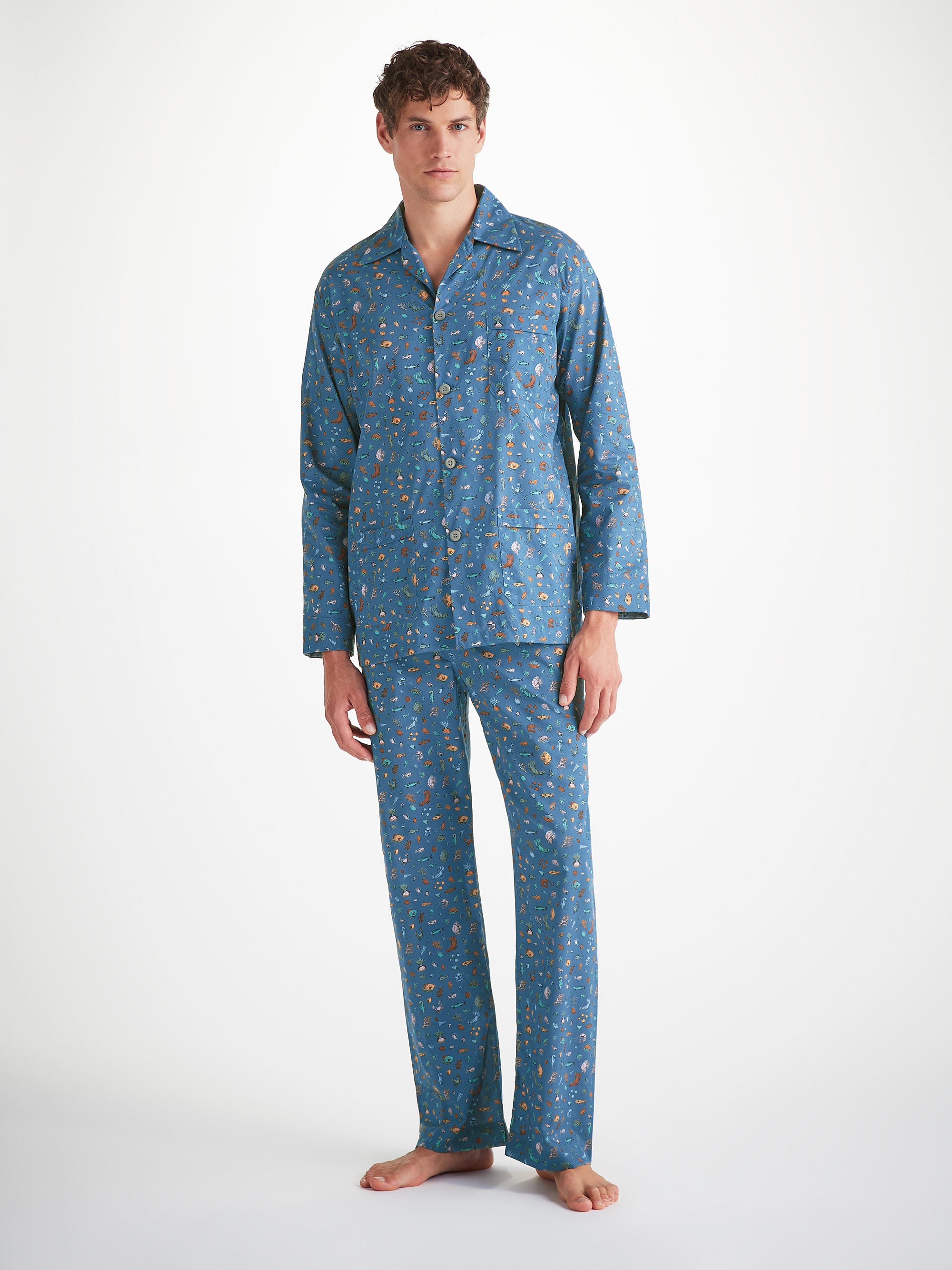 Men's Classic Fit Pyjamas Cotton Batiste Blue Sea Friends Print