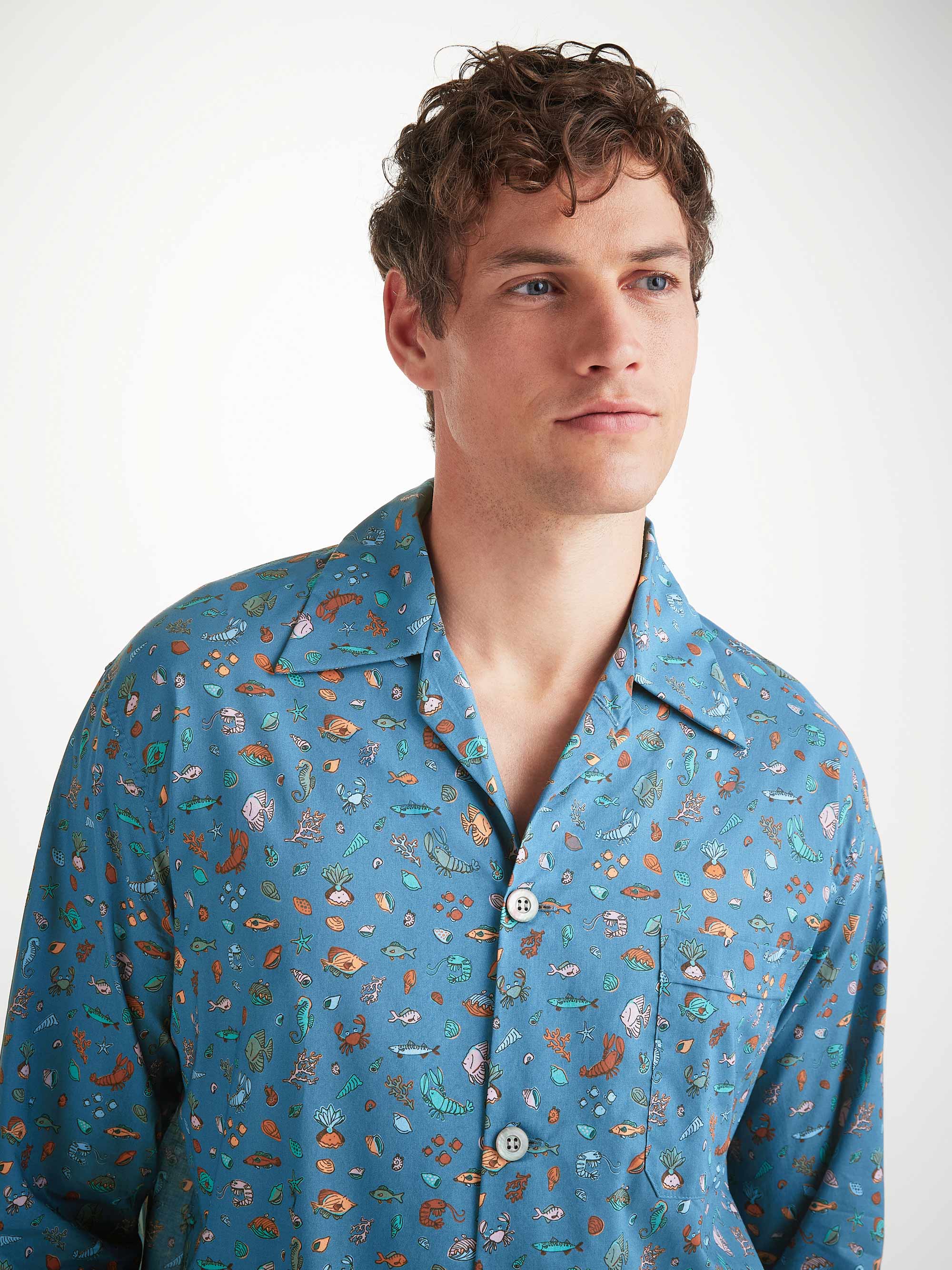 Men's Classic Fit Pajamas Cotton Batiste Blue Sea Friends Print