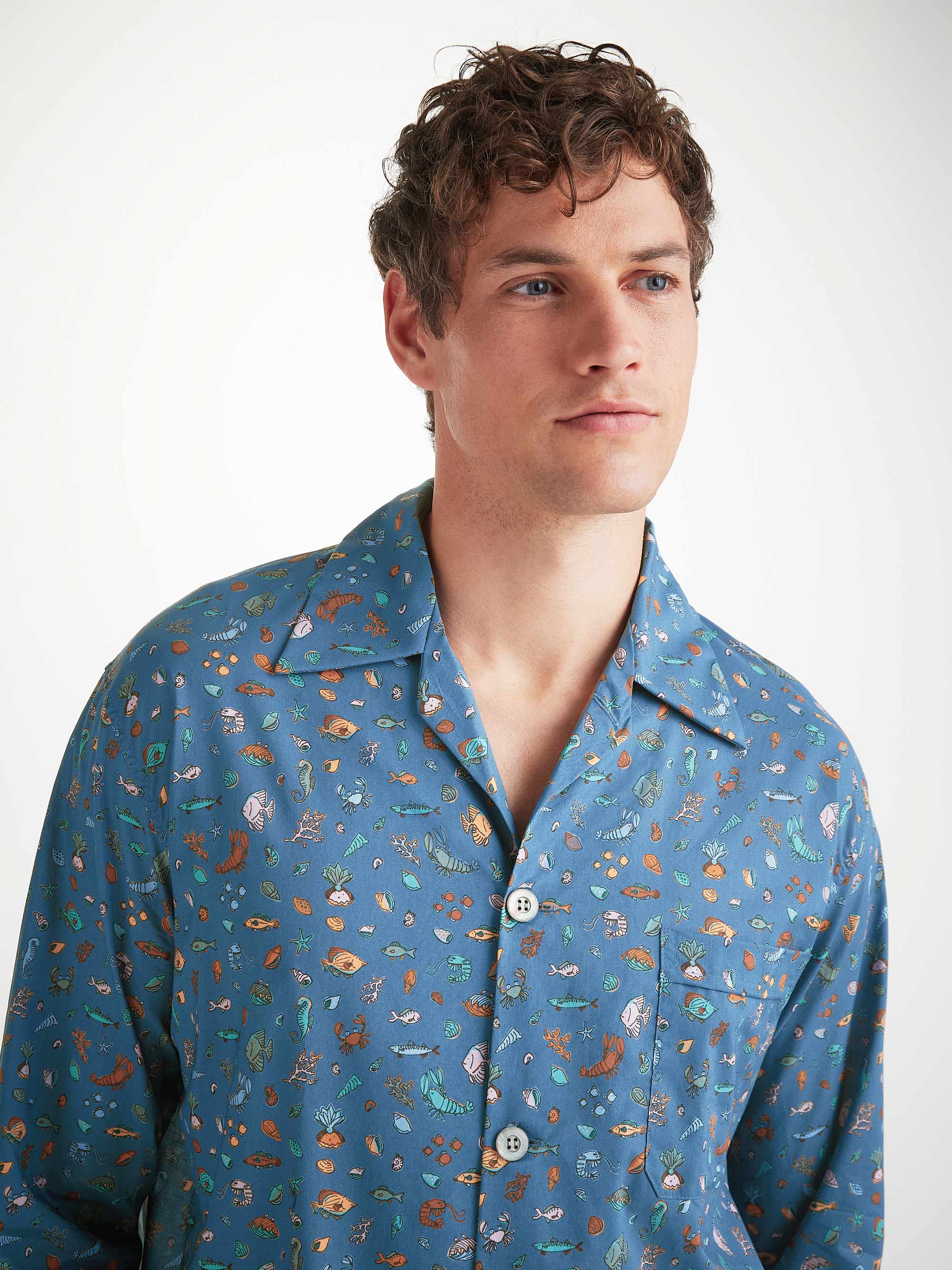 Men's Classic Fit Pajamas Cotton Batiste Blue Sea Friends Print