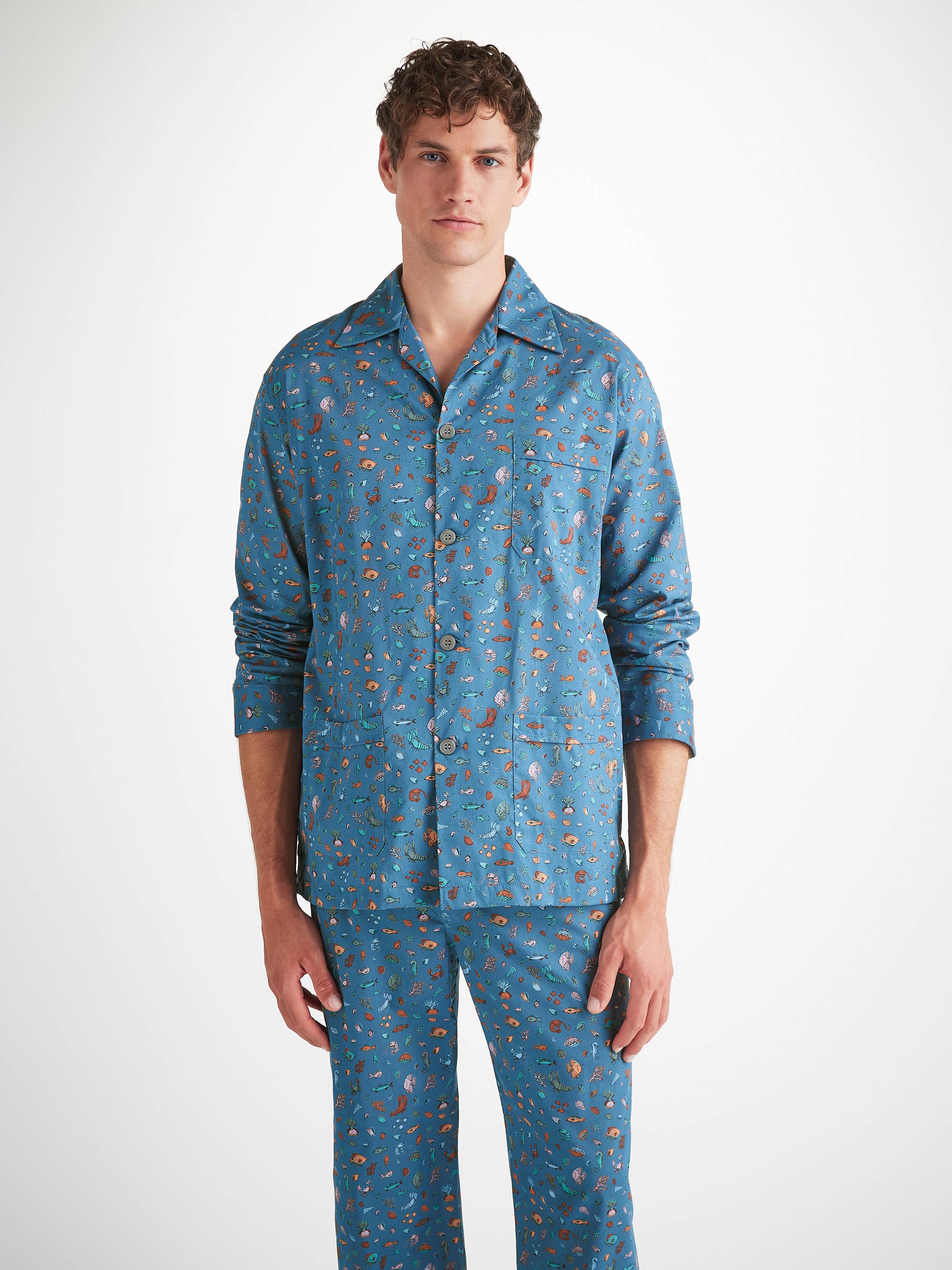 Men's Classic Fit Pajamas Cotton Batiste Blue Sea Friends Print