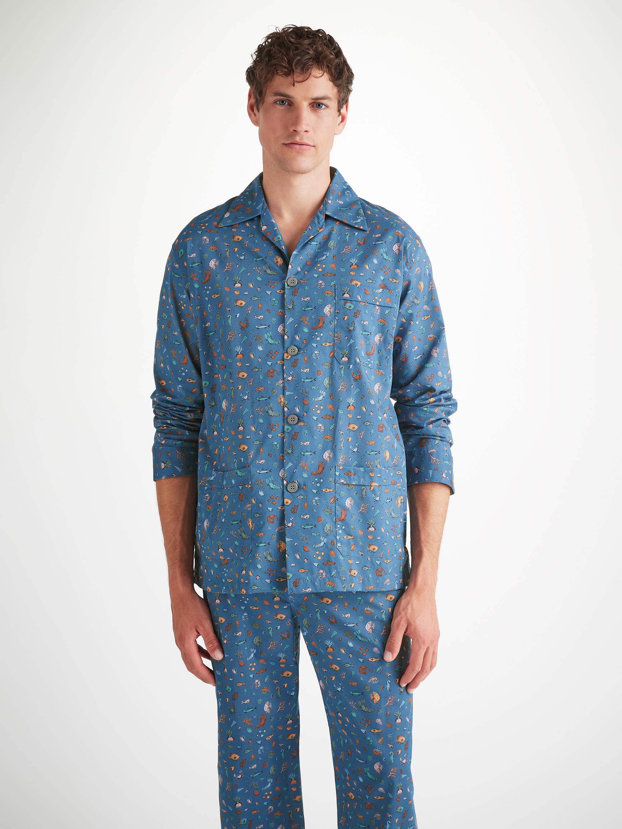 Men's Classic Fit Pyjamas Cotton Batiste Blue Sea Friends Print