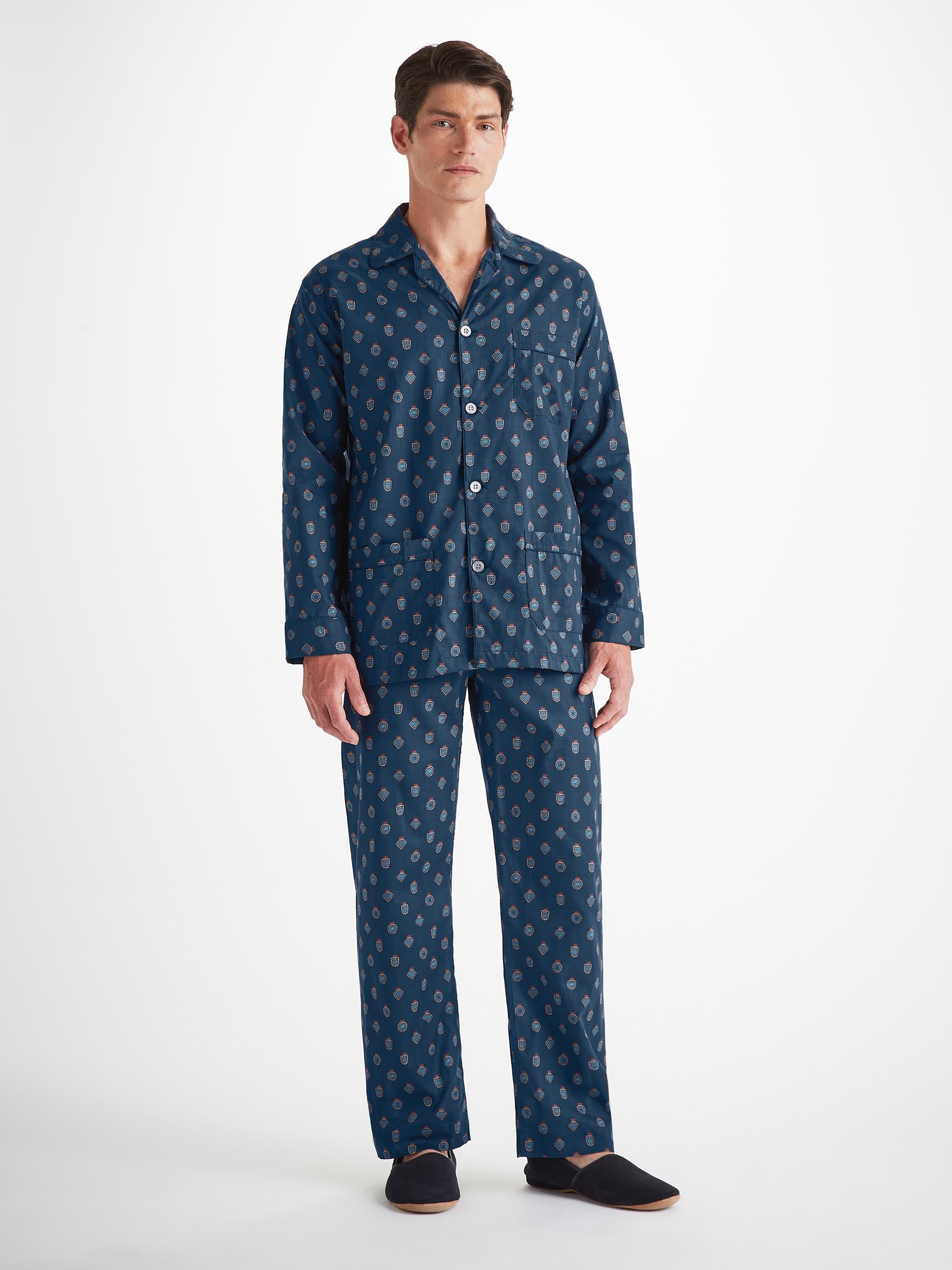 Men's Classic Fit Pyjamas Cotton Batiste Navy Badge Print