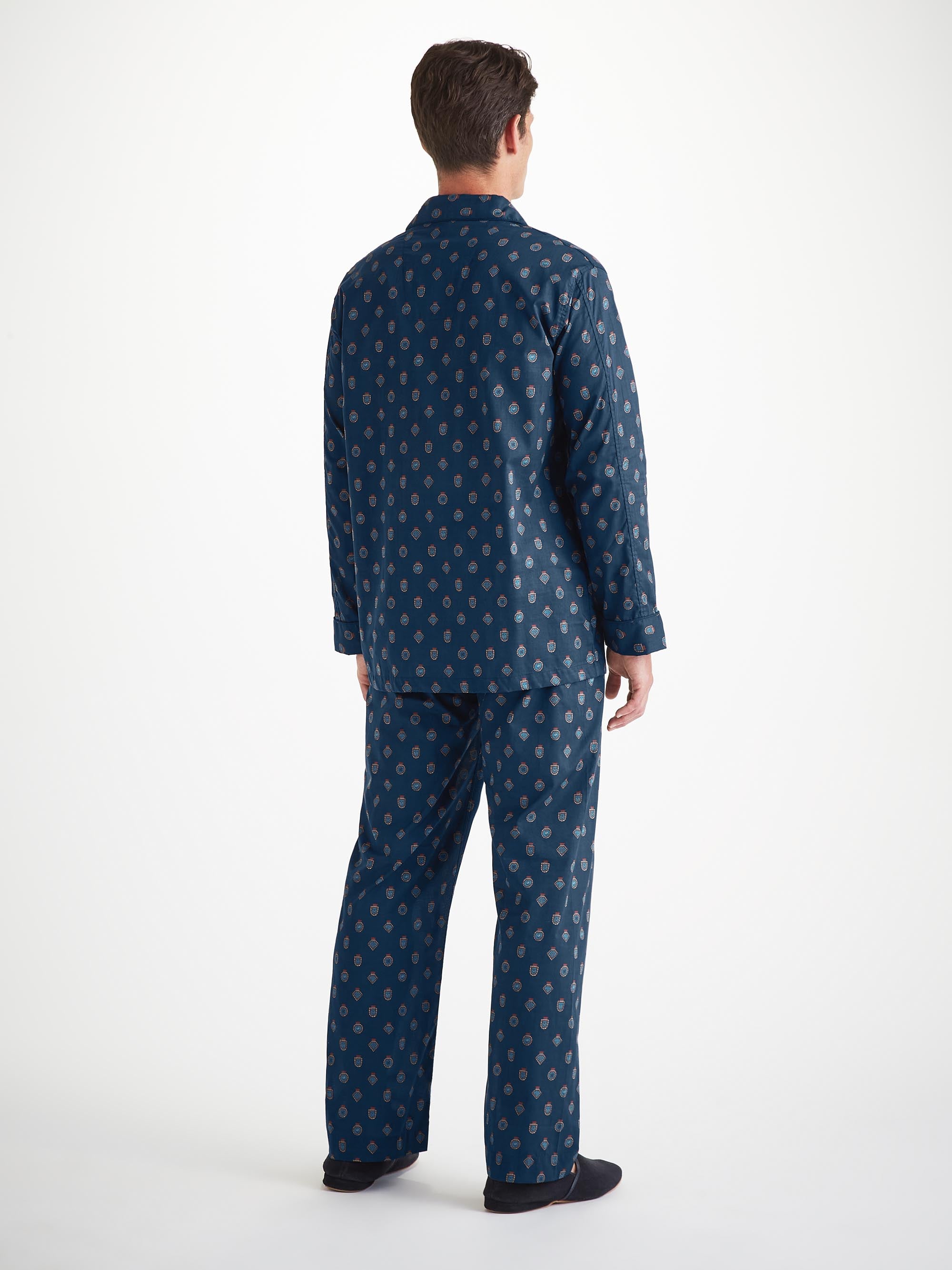 Men's Classic Fit Pyjamas Cotton Batiste Navy Badge Print