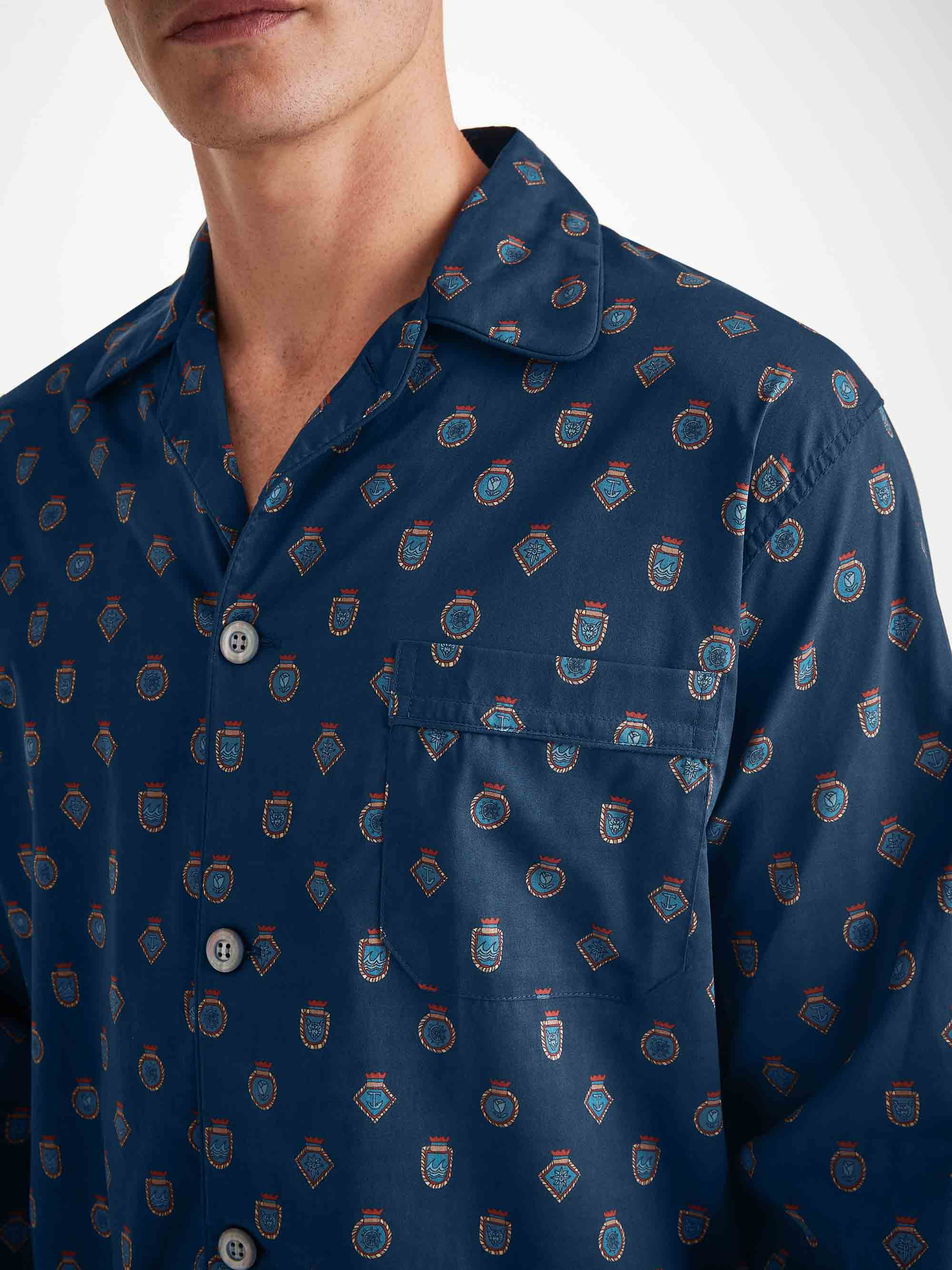 Men's Classic Fit Pyjamas Cotton Batiste Navy Badge Print