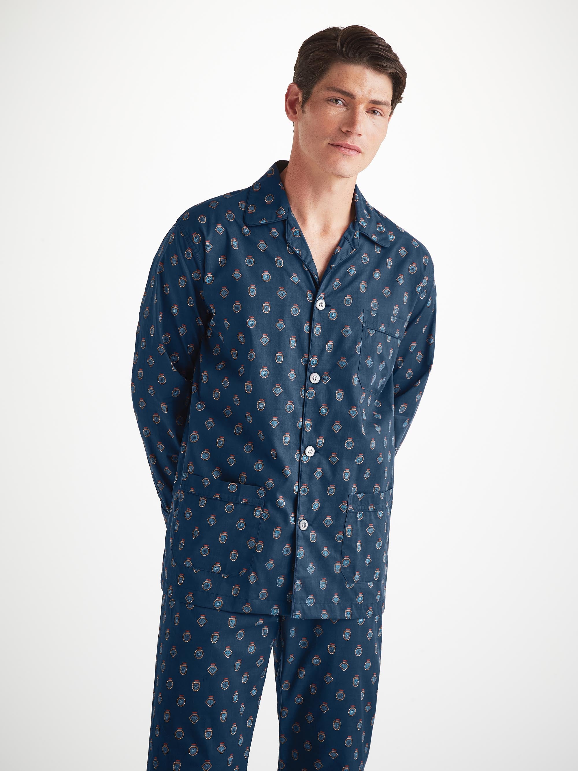 Men's Classic Fit Pajamas Cotton Batiste Navy Badge Print