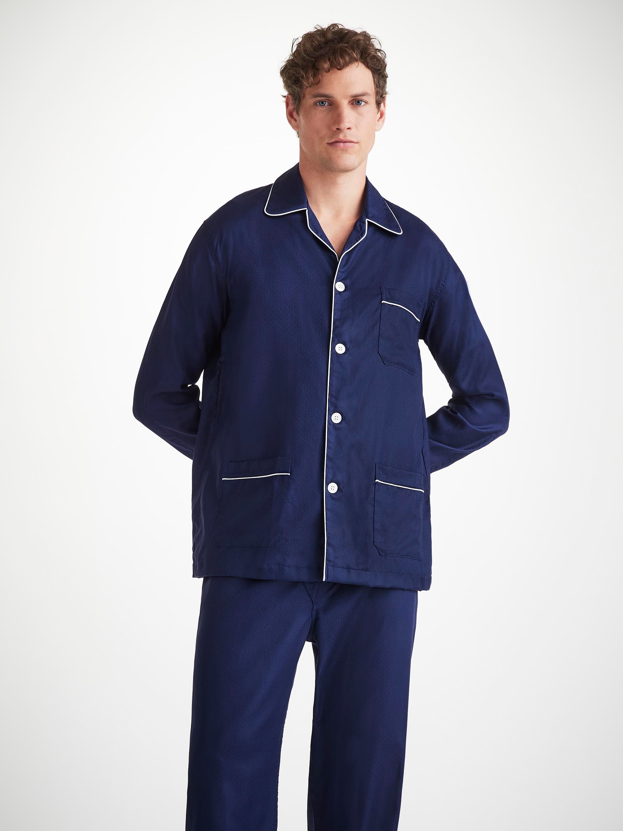 Men's Classic Fit Pajamas Cotton Jacquard Navy Rose Star Pattern