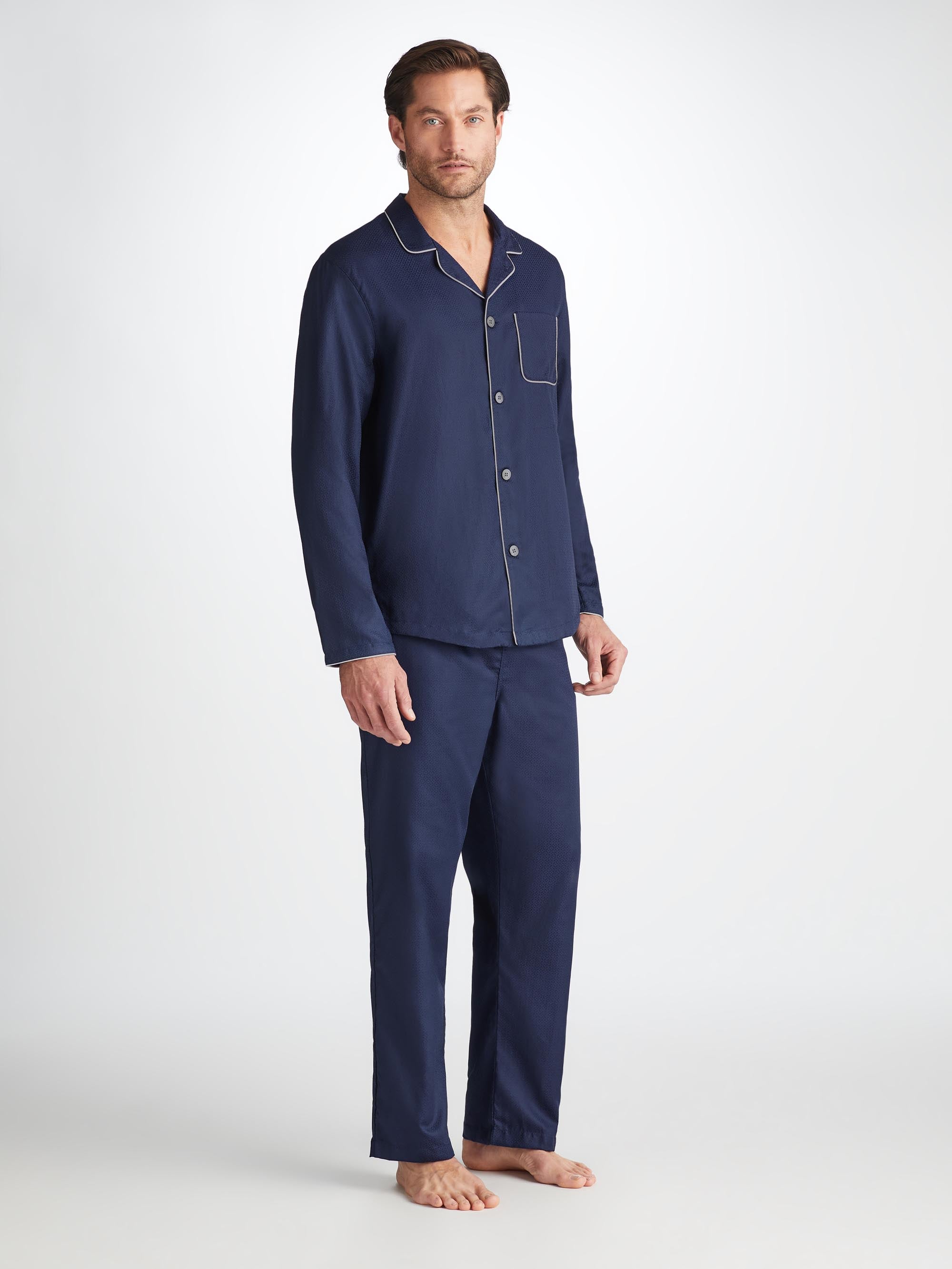 Men's Modern Fit Pajamas Cotton Jacquard Navy Rose Star Pattern