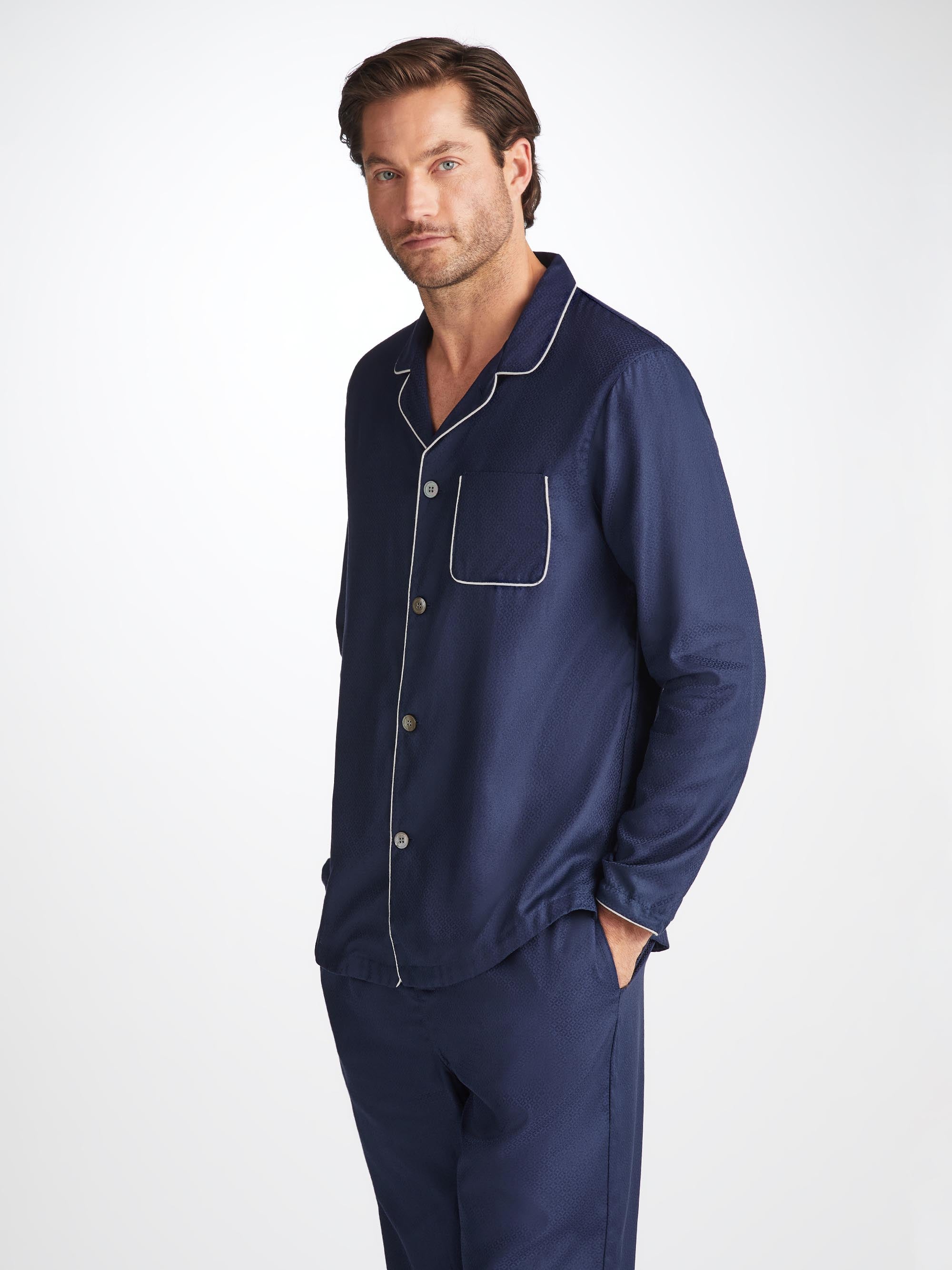 Men's Modern Fit Pajamas Cotton Jacquard Navy Rose Star Pattern