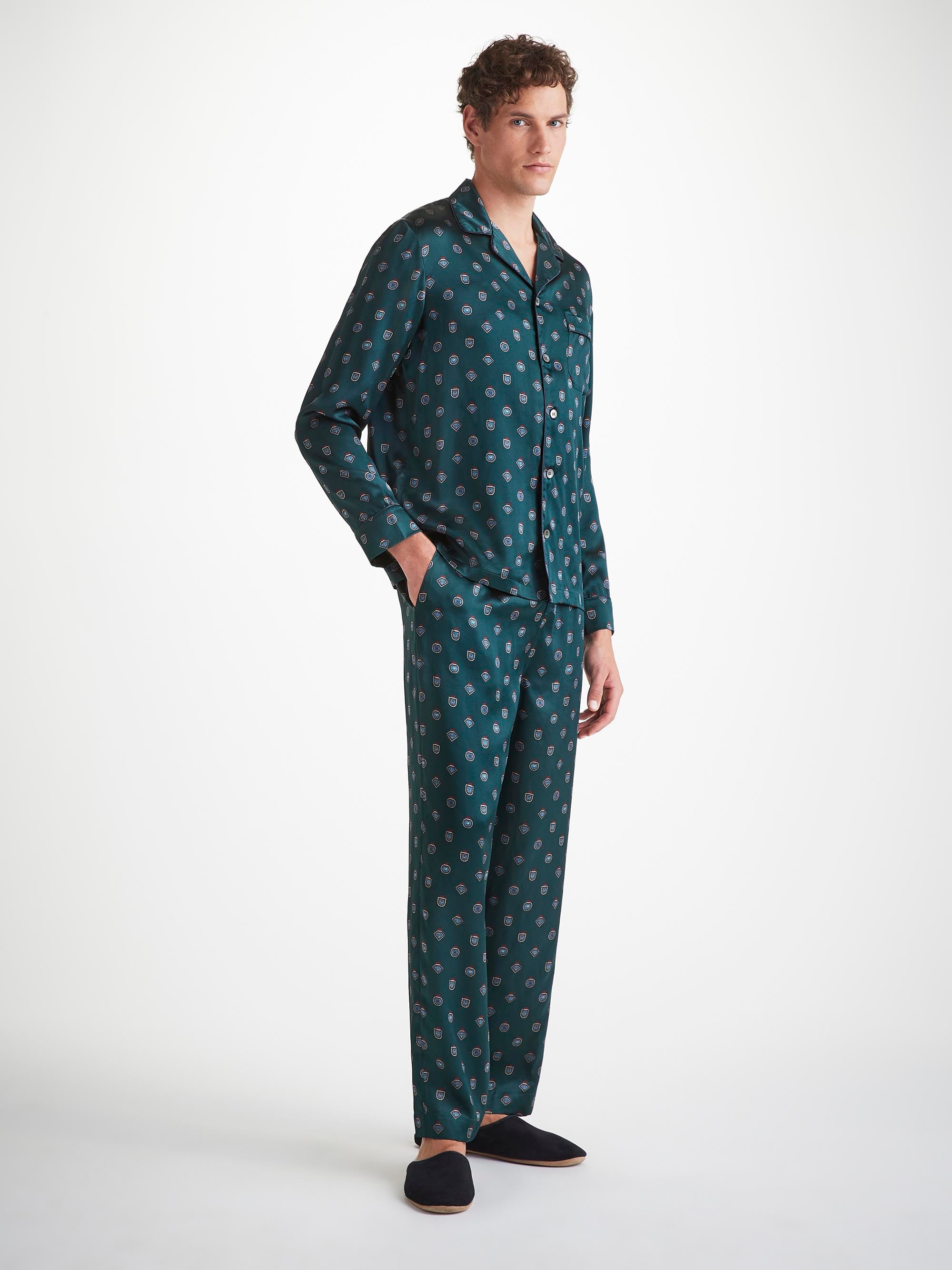 Men's Pyjamas Silk Satin Green Badge Print