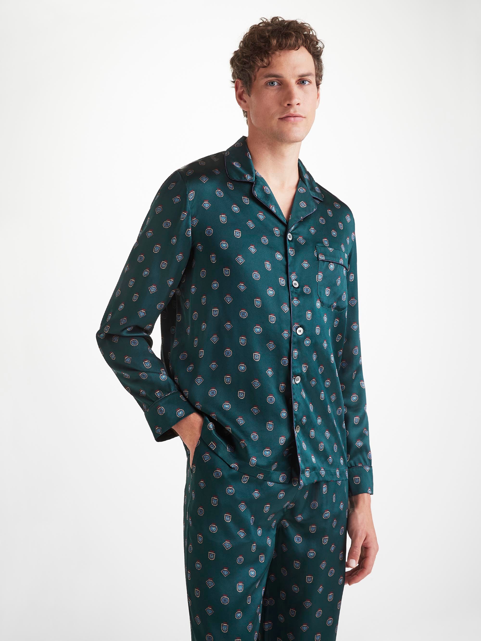 Men's Pyjamas Silk Satin Green Badge Print