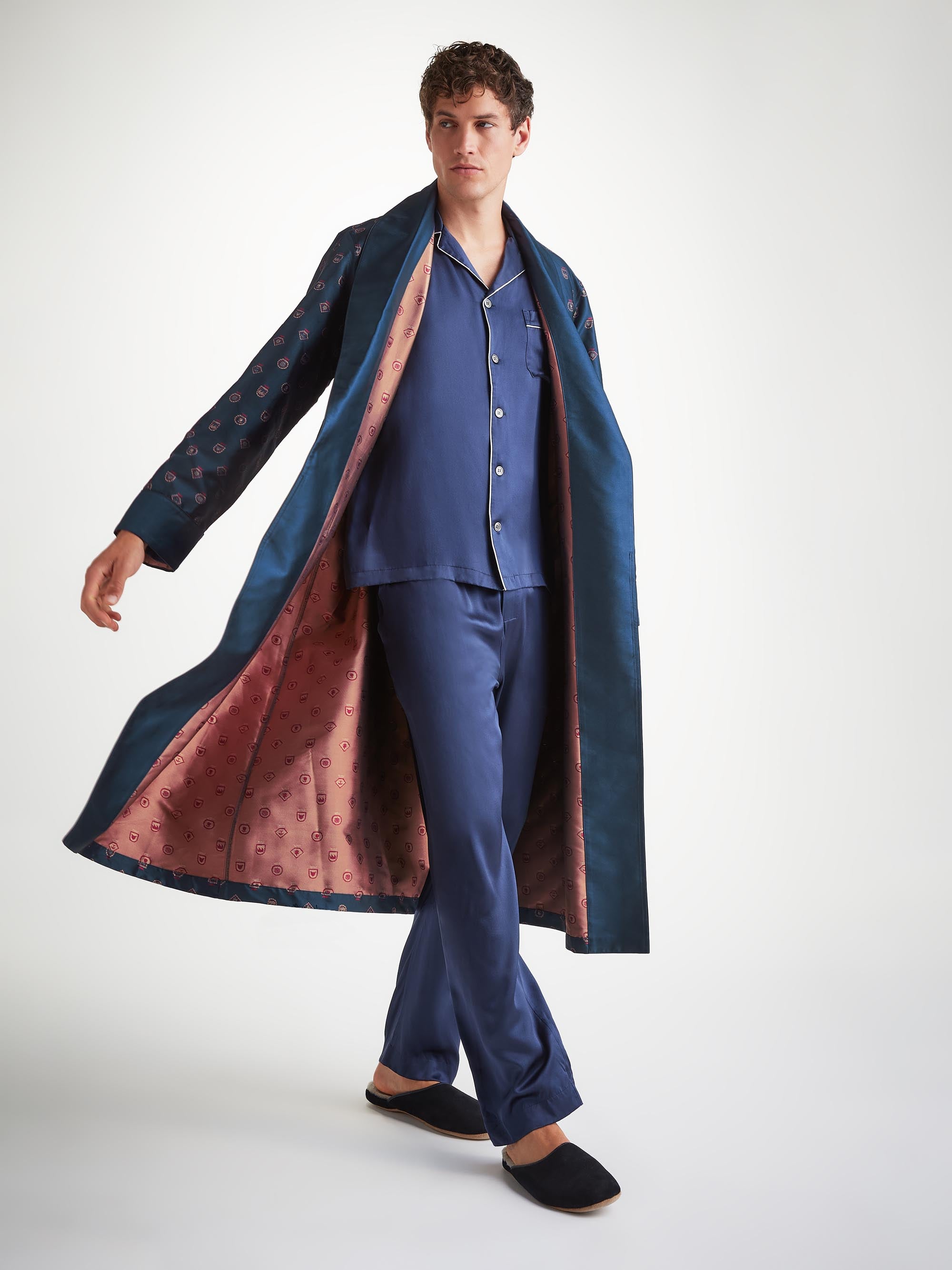 Men's Dressing Gown Silk Jacquard Navy Badge Pattern