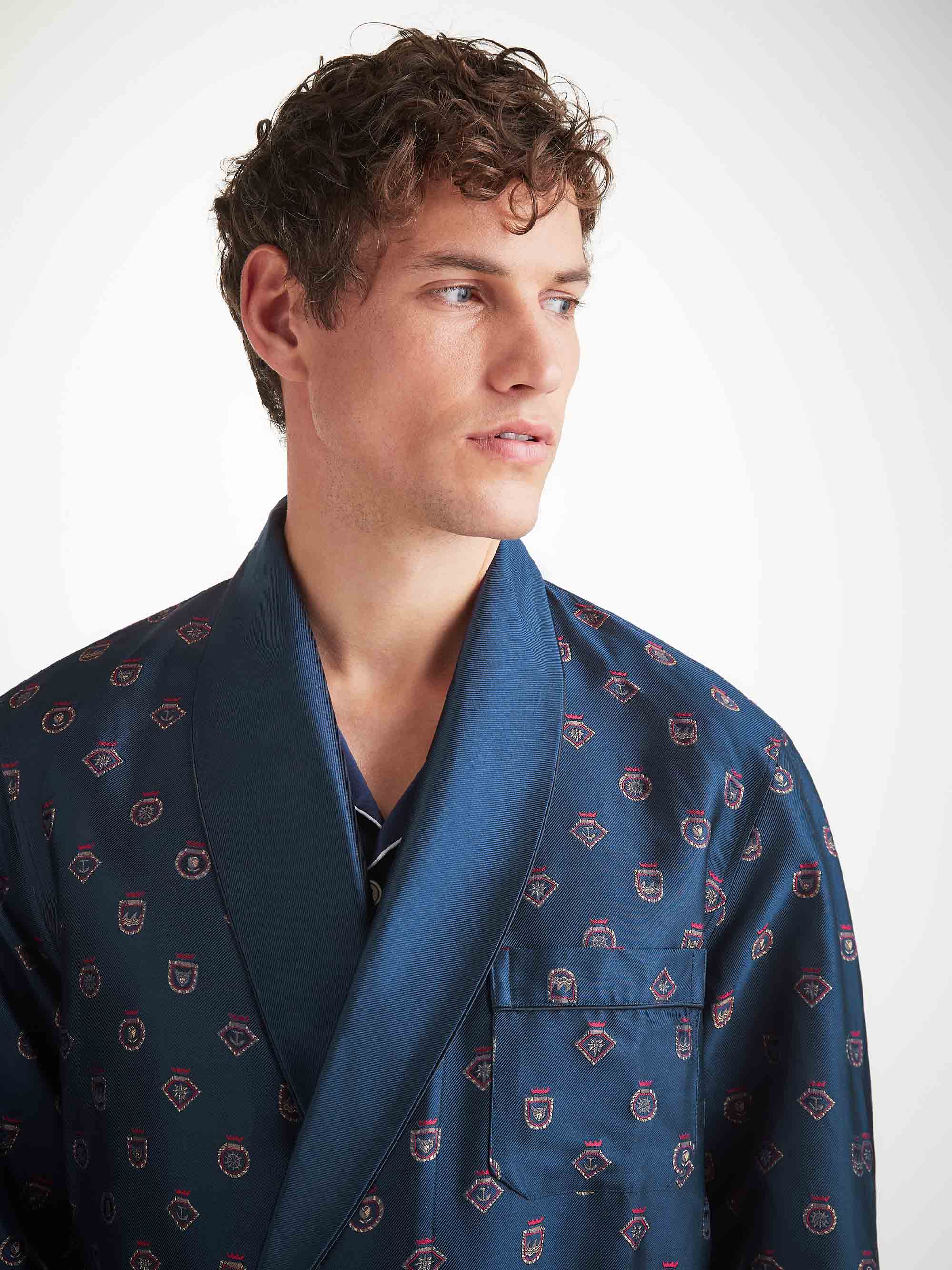 Men's Dressing Gown Silk Jacquard Navy Badge Pattern