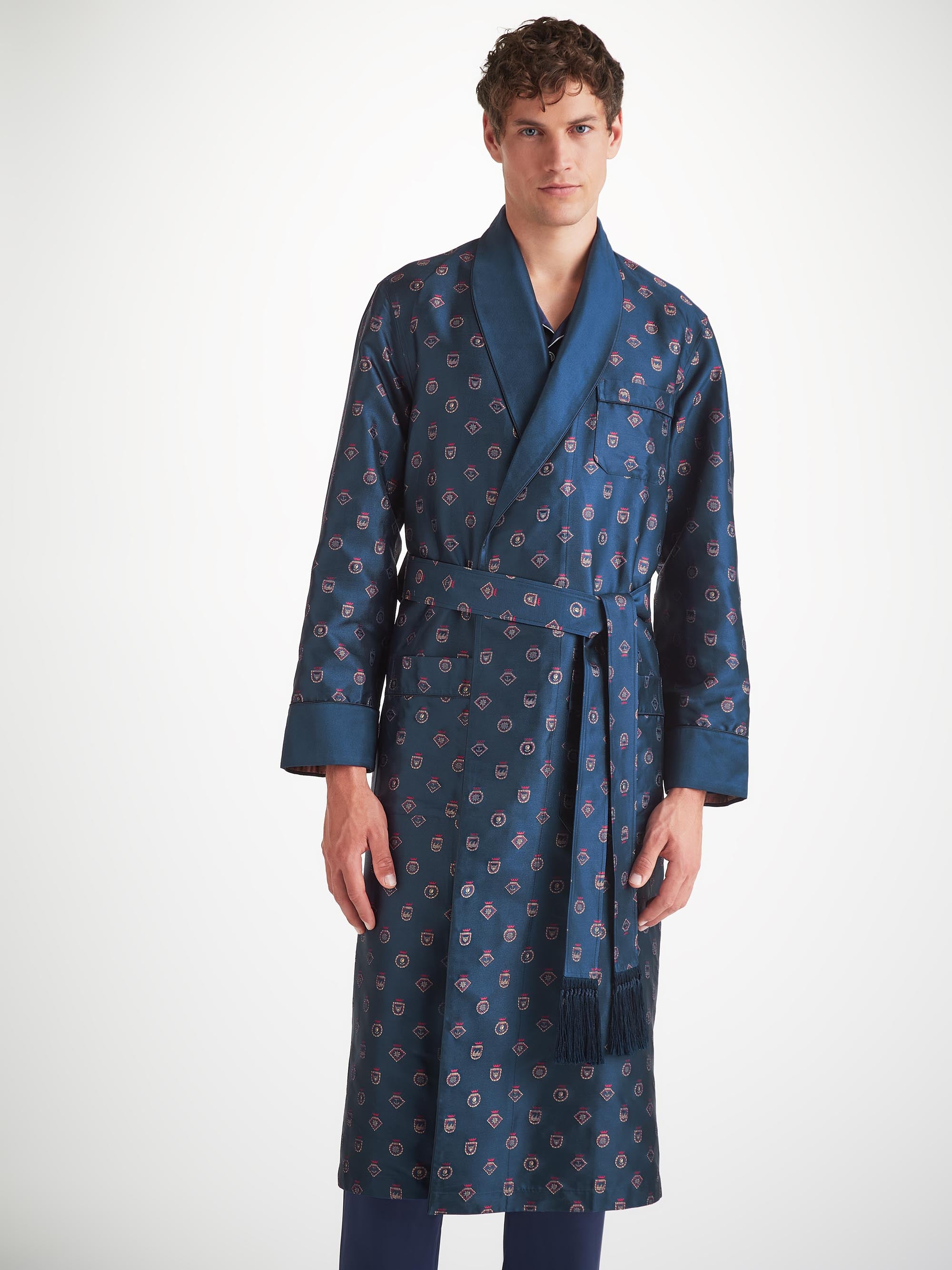 Men's Dressing Gown Silk Jacquard Navy Badge Pattern