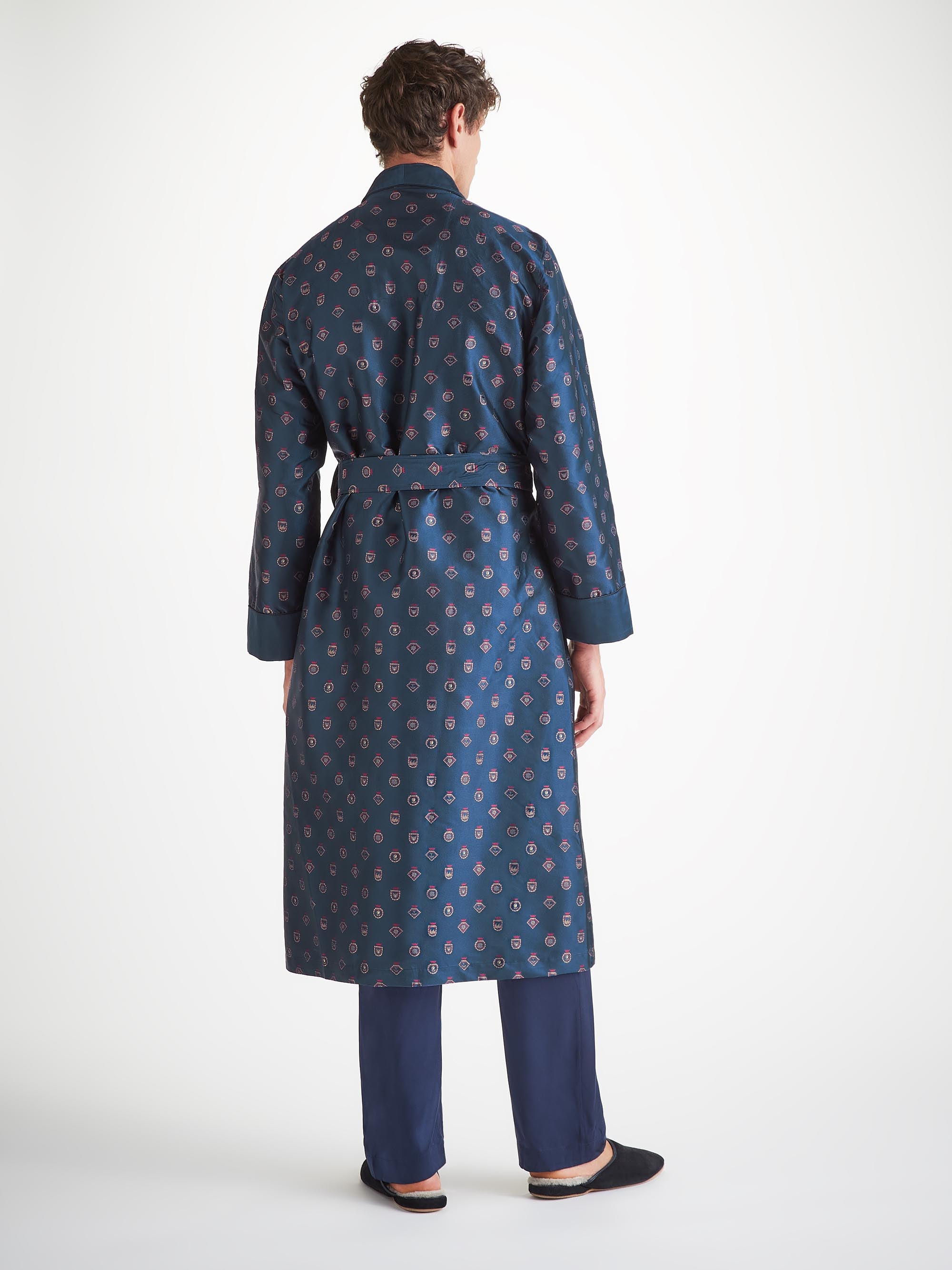 Men's Dressing Gown Silk Jacquard Navy Badge Pattern