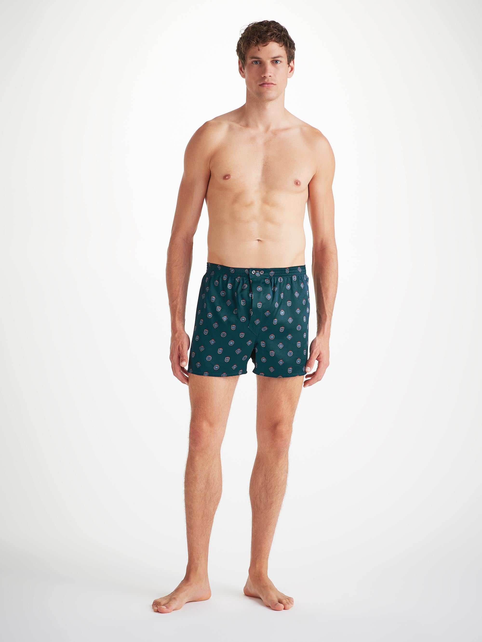 Men's Classic Fit Boxers Silk Satin Green Badge Print