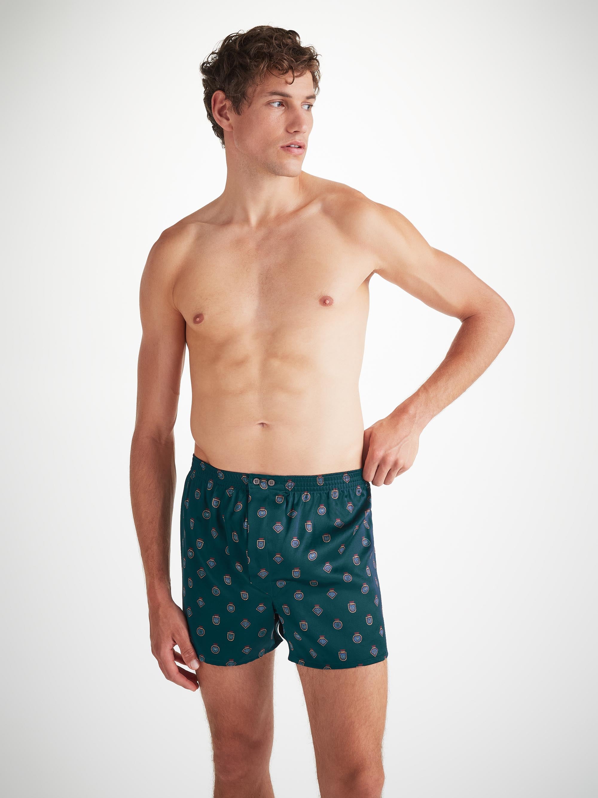 Men's Classic Fit Boxers Silk Satin Green Badge Print