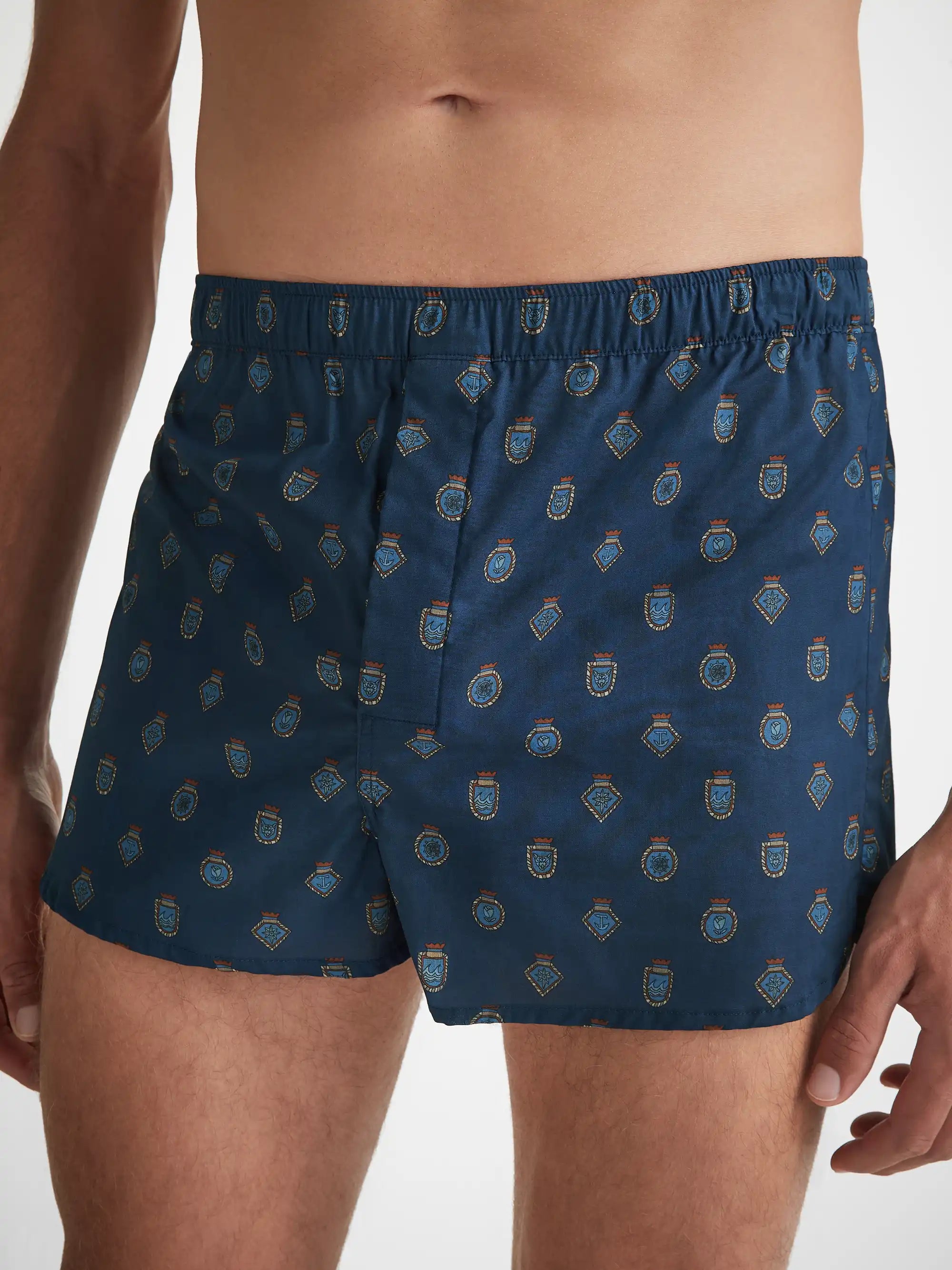 Men's Modern Fit Boxers Cotton Batiste Navy Badge Print