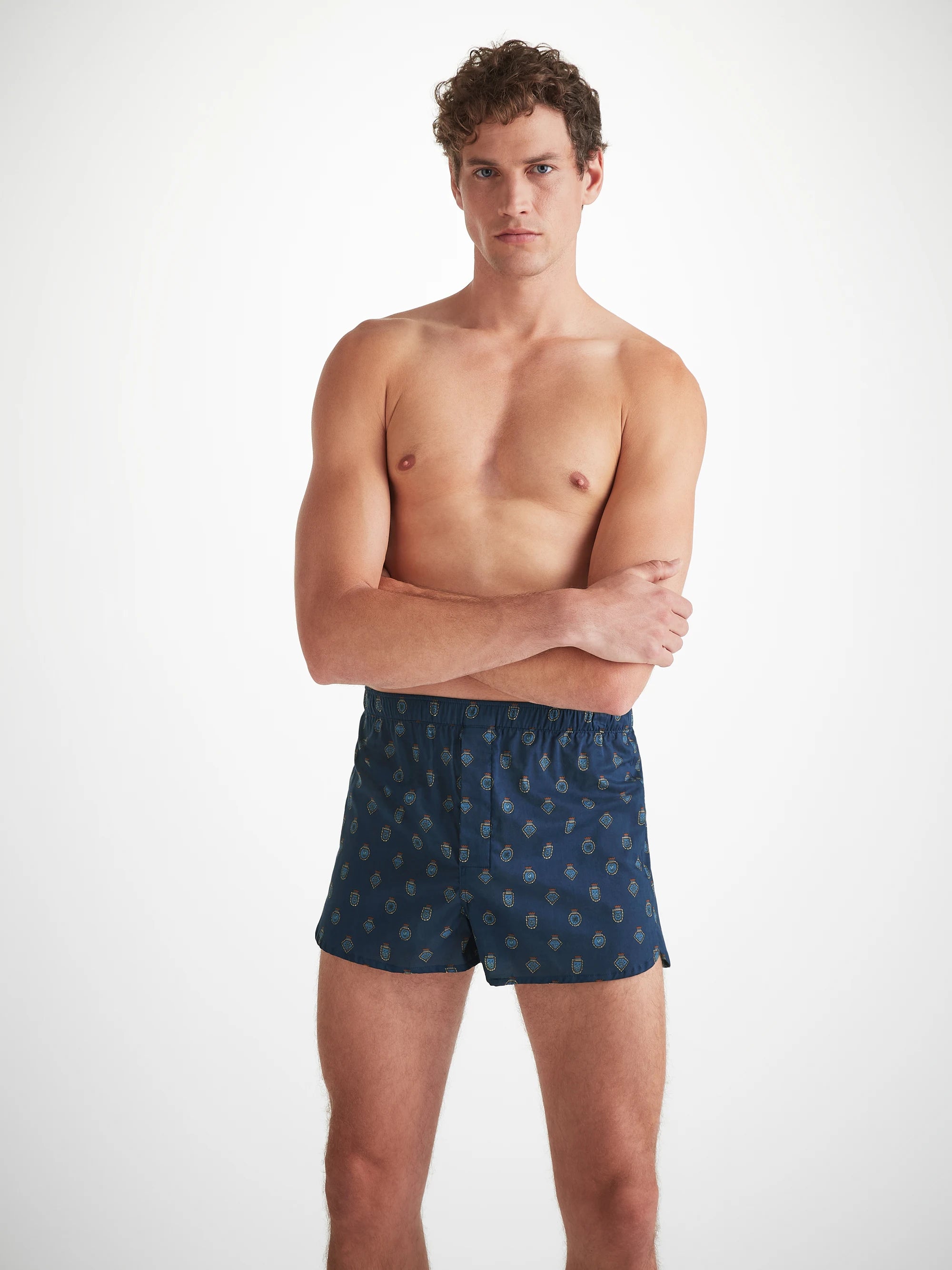 Men's Modern Fit Boxers Cotton Batiste Navy Badge Print